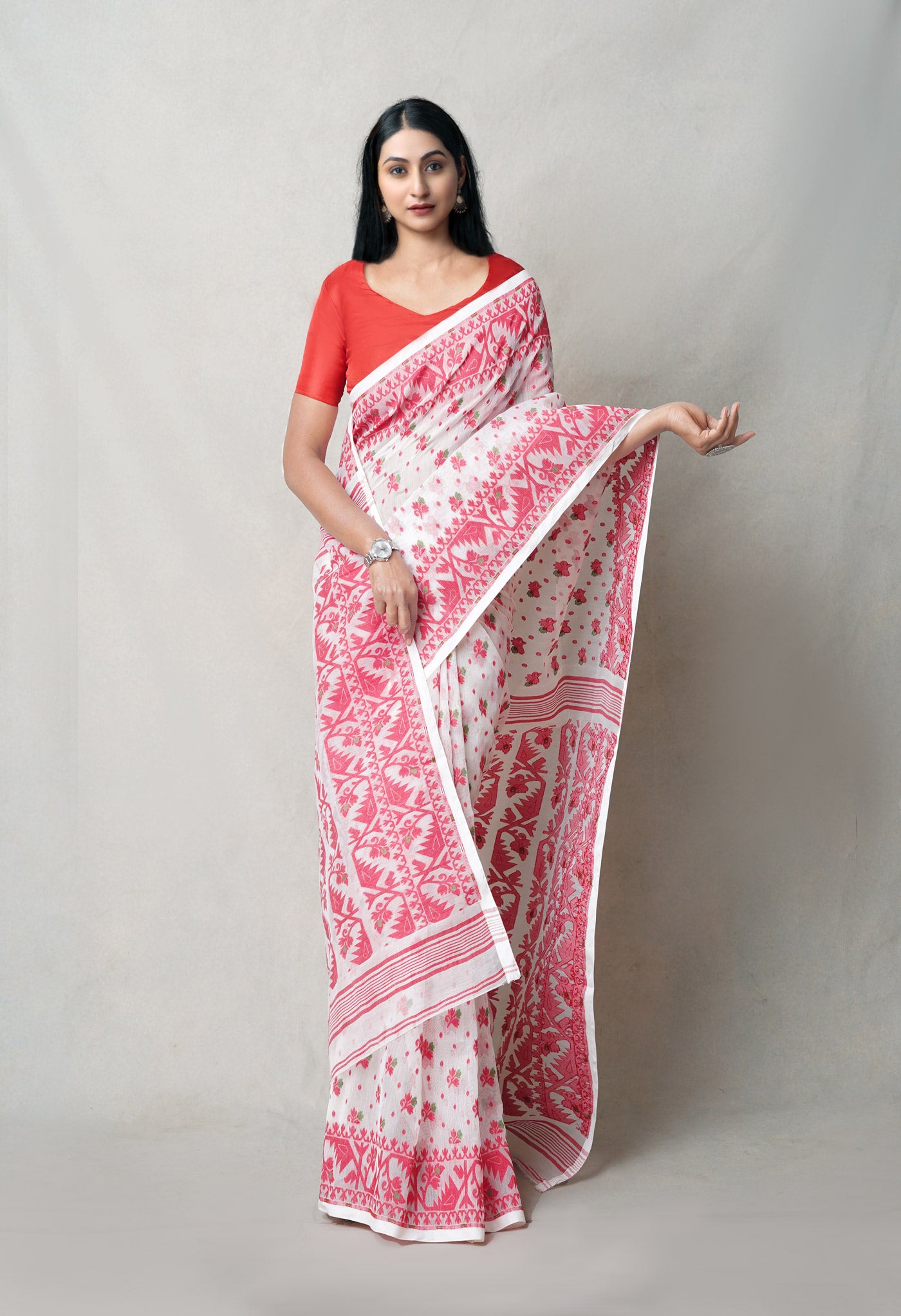 White Pure Handloom Dhakai Jamdhani Cotton Saree