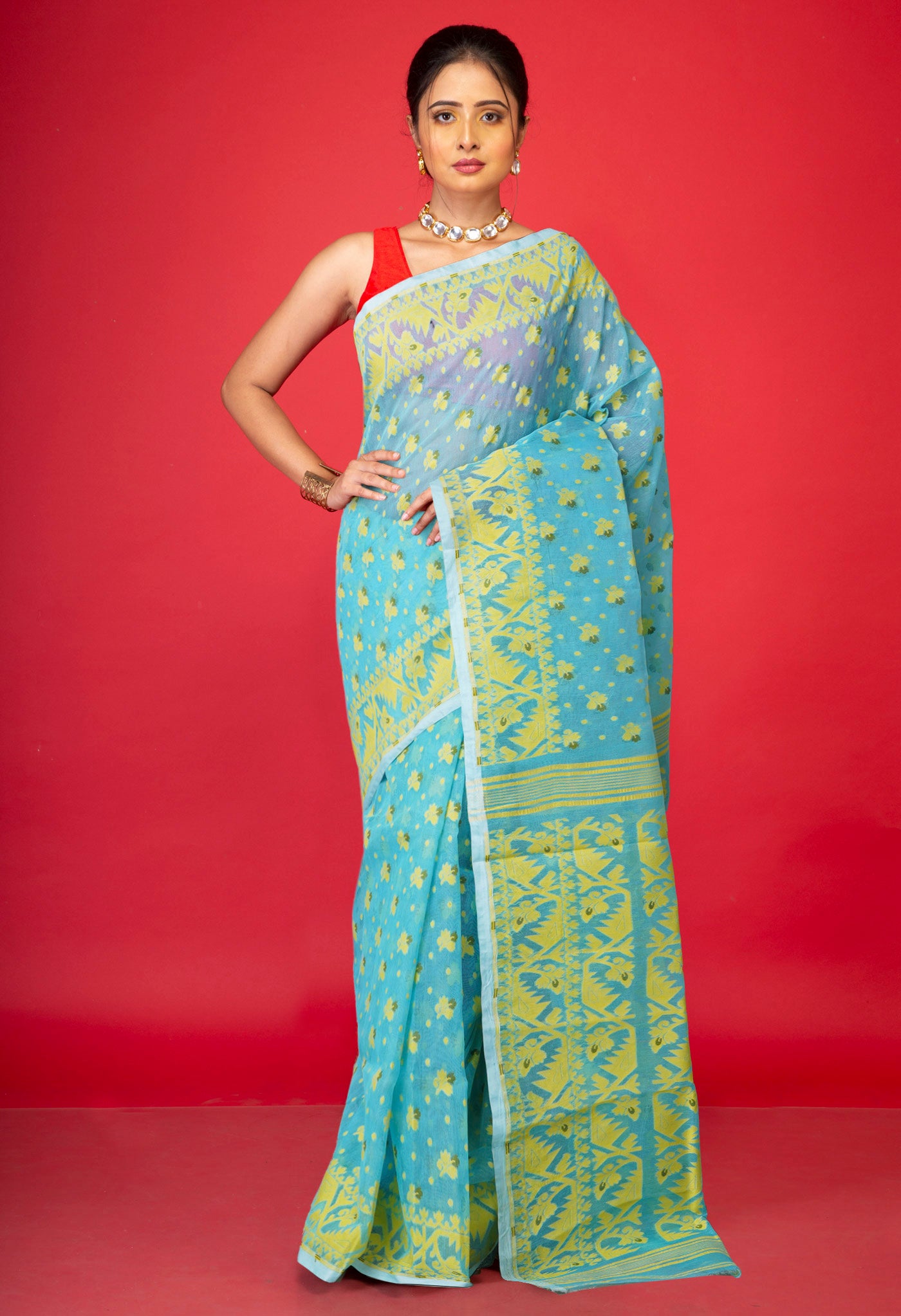 Blue Pure Handloom Dhakai Jamdhani Cotton Saree-UNM77755