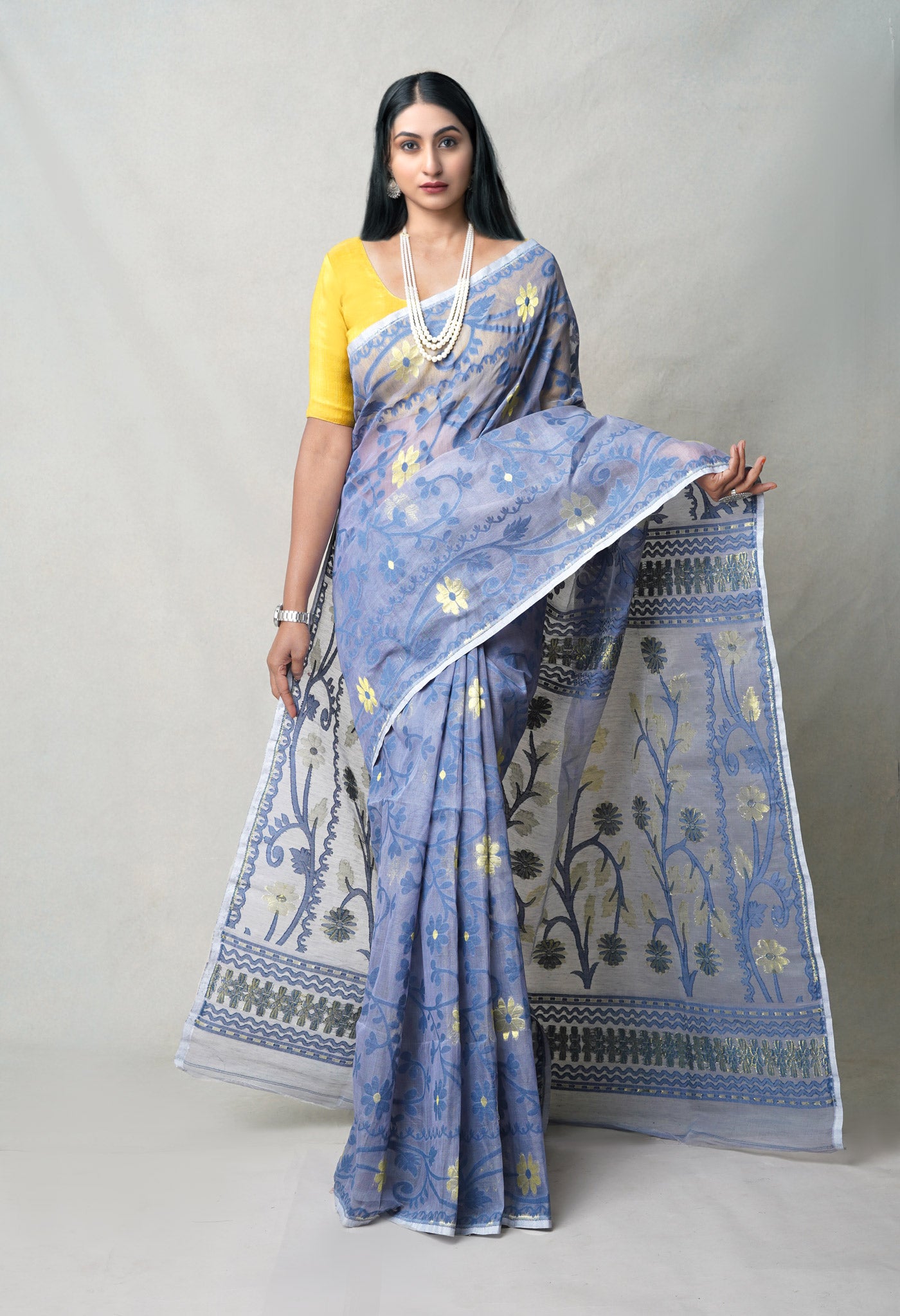 Bluish Grey Pure Handloom Dhakai Jamdhani Cotton Saree