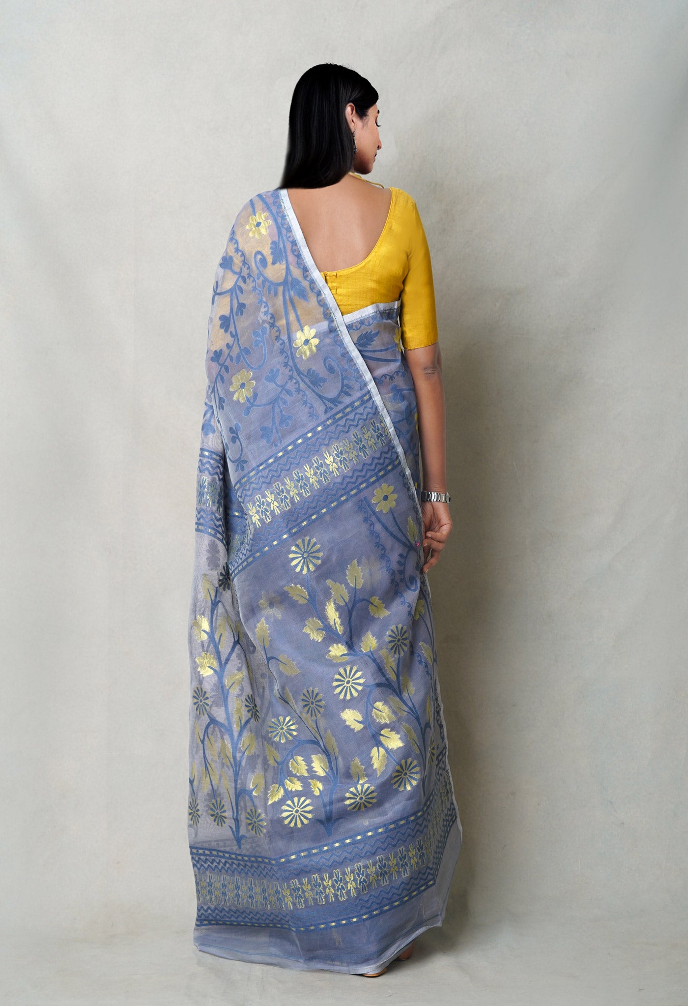 Bluish Grey Pure Handloom Dhakai Jamdhani Cotton Saree