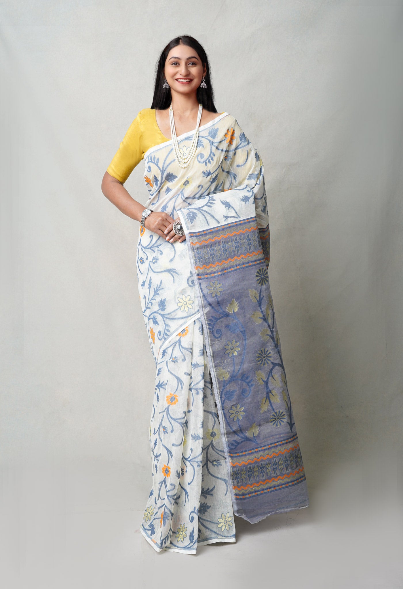 Ivory Pure Handloom Dhakai Jamdhani Cotton Saree