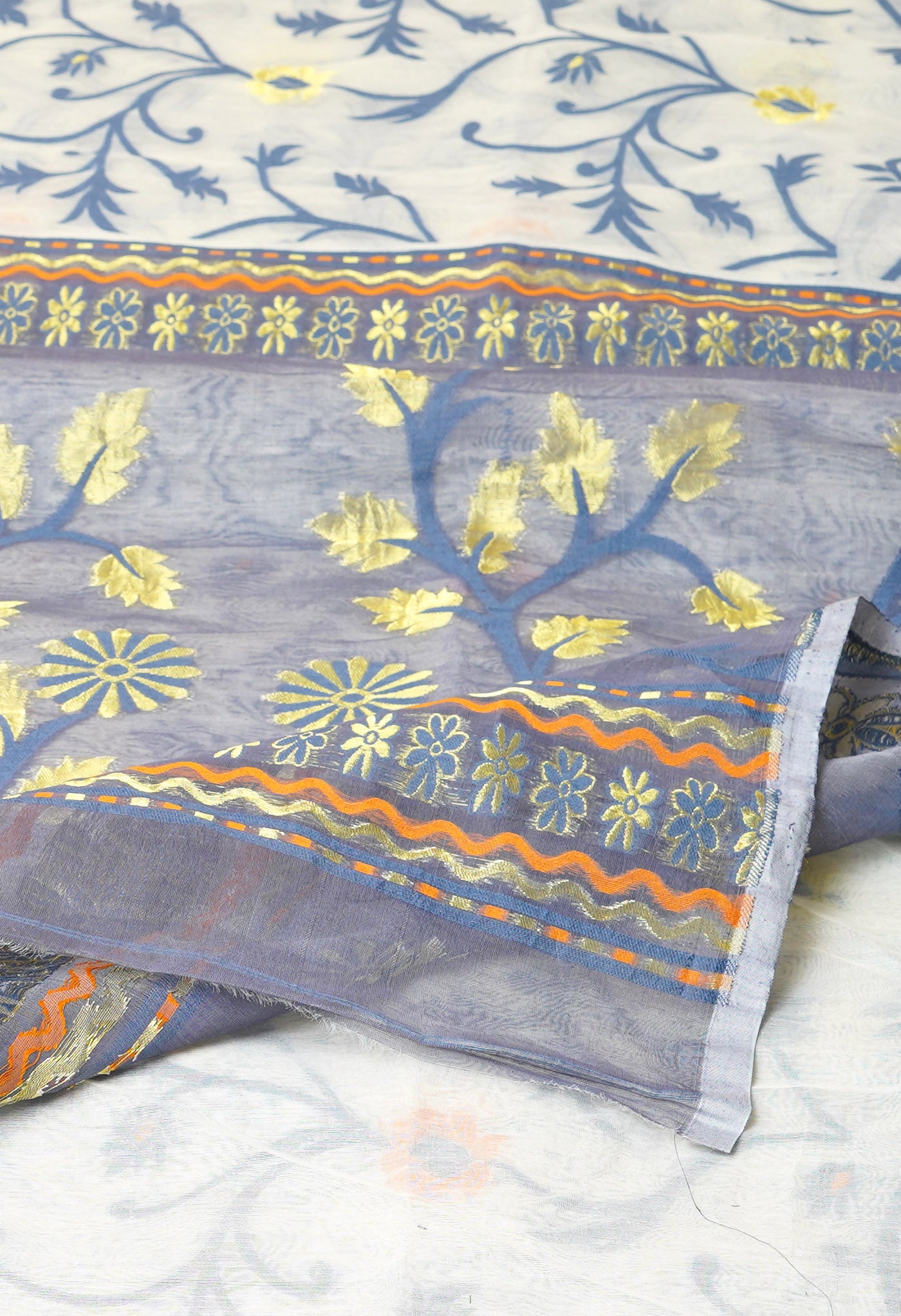 Ivory Pure Handloom Dhakai Jamdhani Cotton Saree