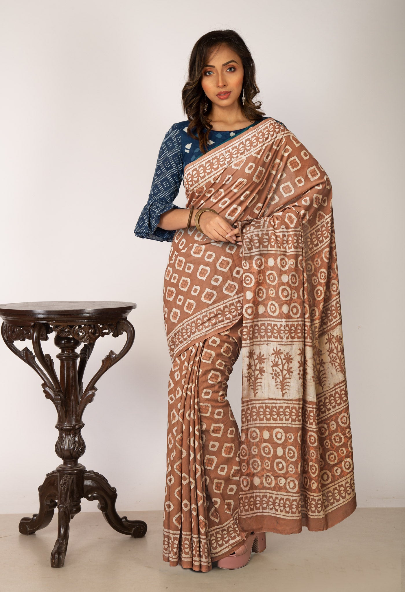 Brown Pure  Dabu Printed Mulmul Cotton Saree