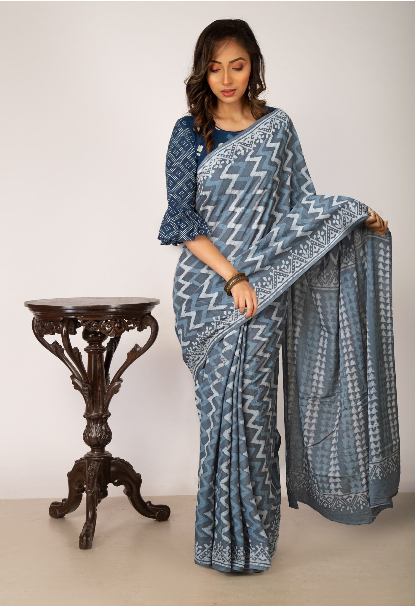 Grey Pure  Dabu Printed Mulmul Cotton Saree