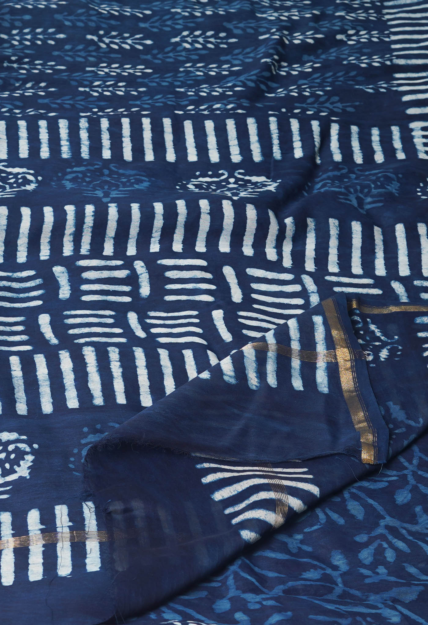 Indigo Blue Pure Dabu Printed Chanderi Sico Saree-UNM77783