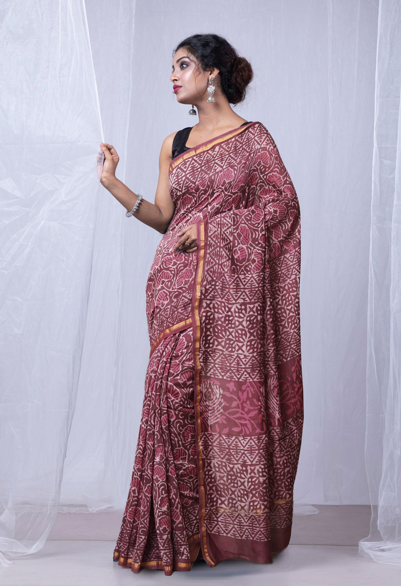 Brownish Pink Pure  Dabu Printed Chanderi Sico Saree