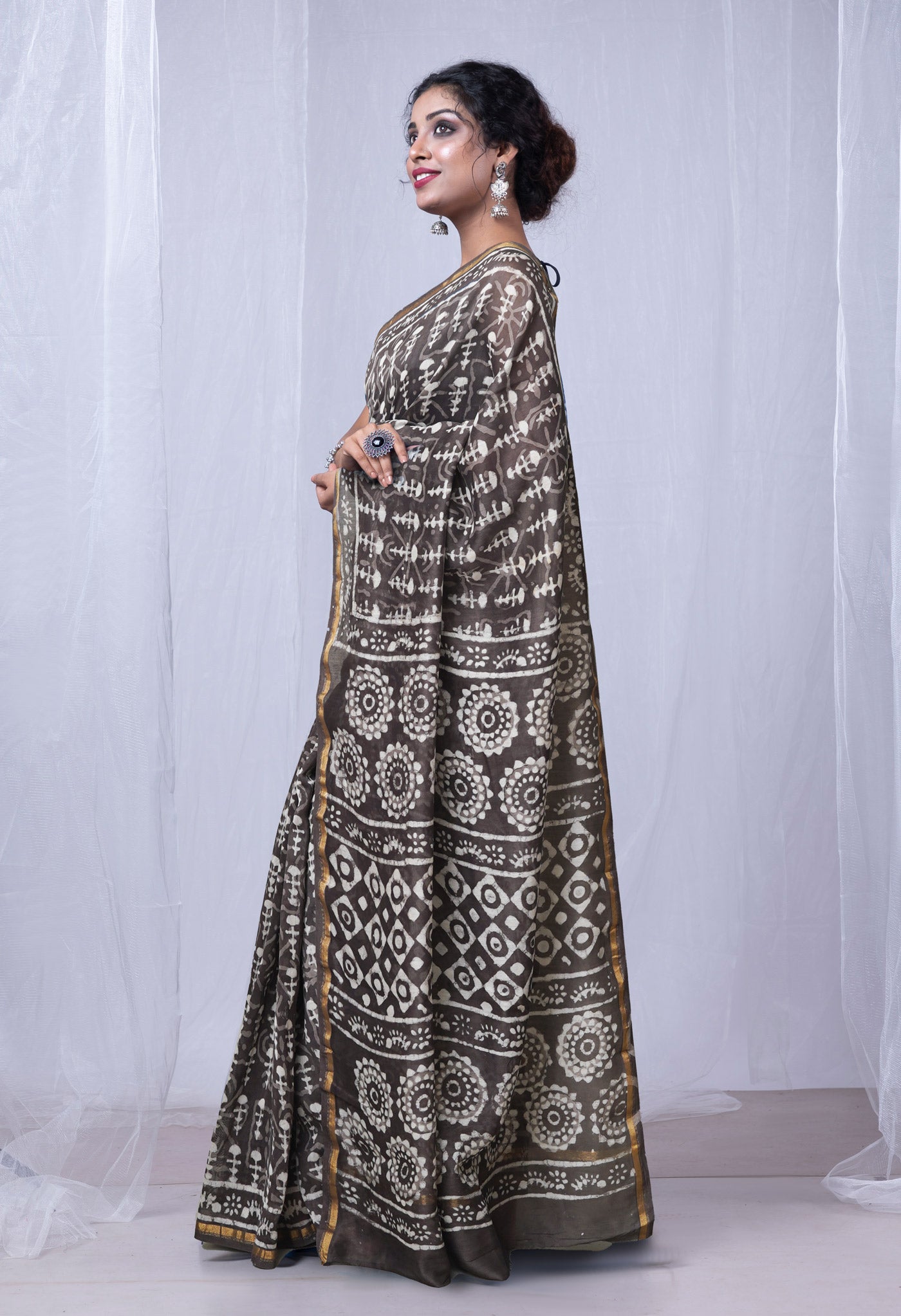 Grey Pure  Dabu Printed Chanderi Sico Saree