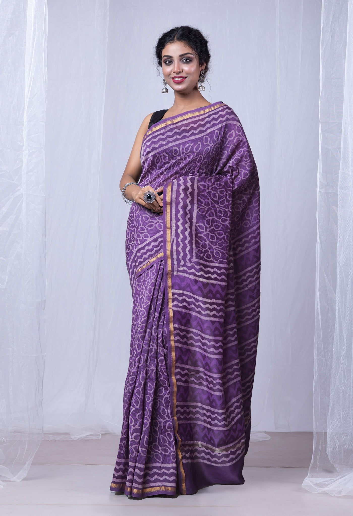 Violet Pure  Dabu Printed Chanderi Sico Saree