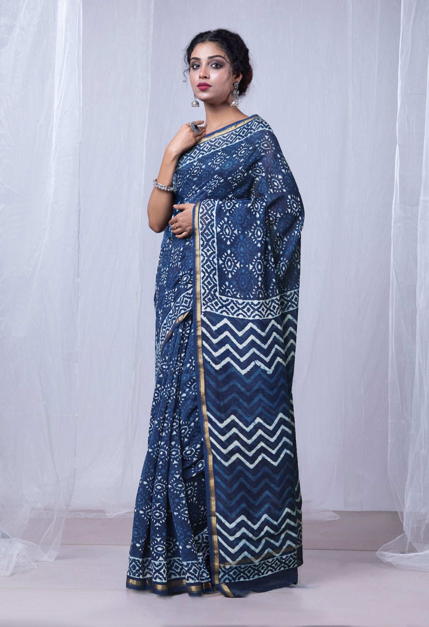 Indigo Blue Pure  Dabu Printed Chanderi Sico Saree