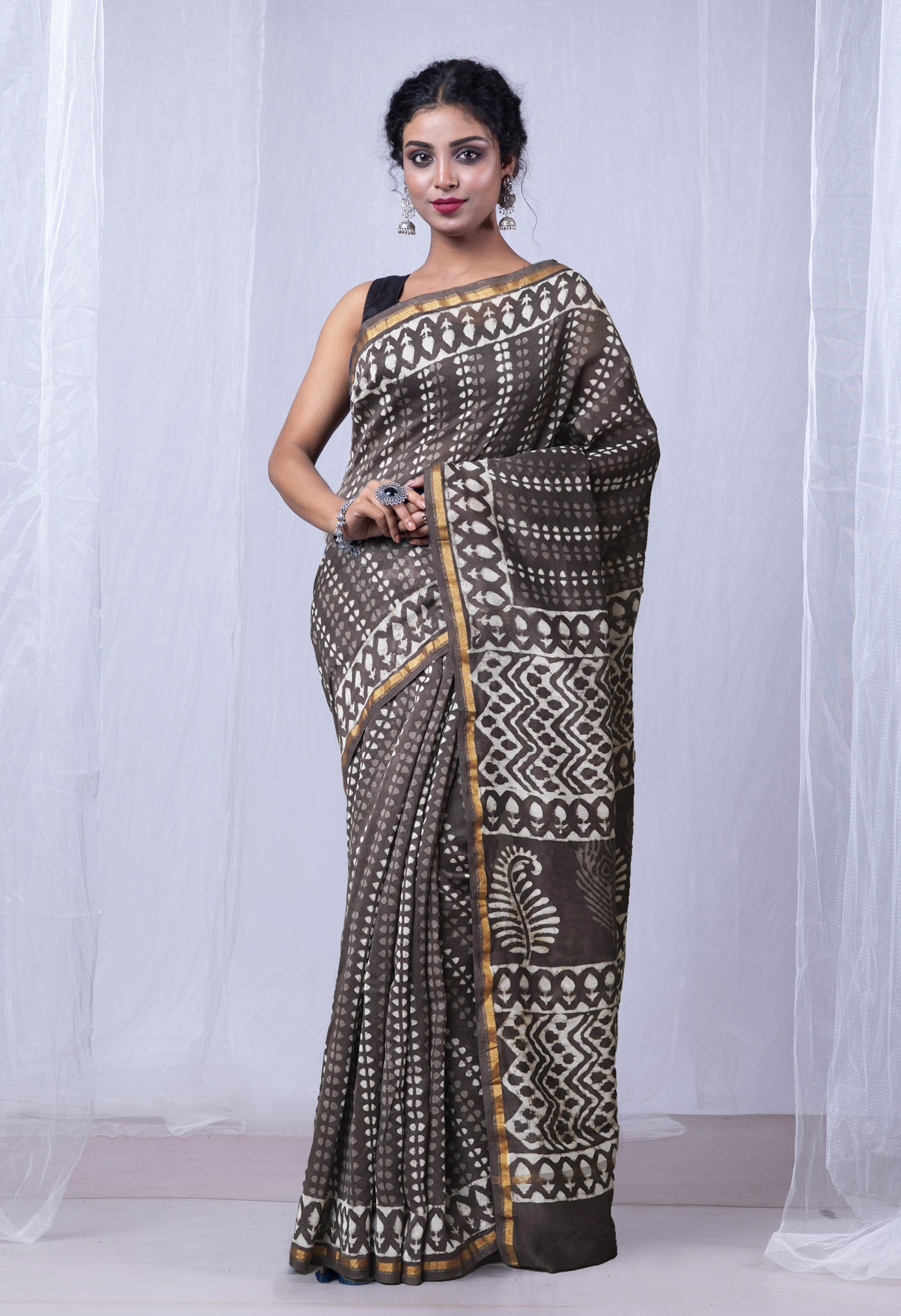 Grey Pure  Dabu Printed Chanderi Sico Saree