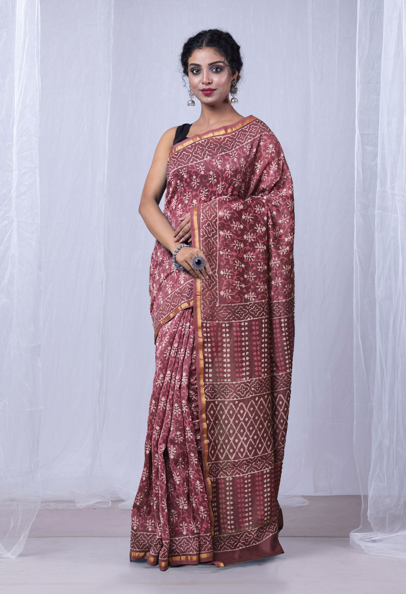 Brownish Pink Pure  Dabu Printed Chanderi Sico Saree