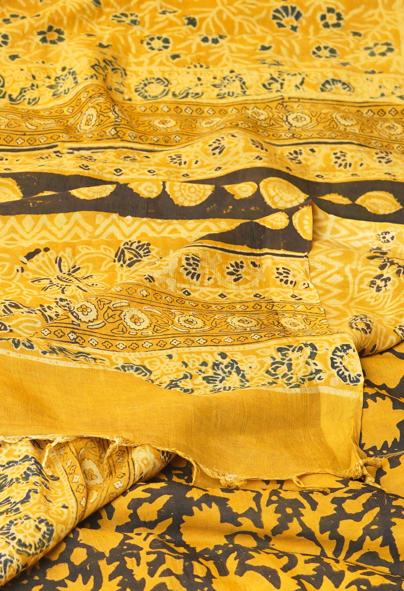 Yellow Pure  Ajrakh Printed Soft Silk Saree
