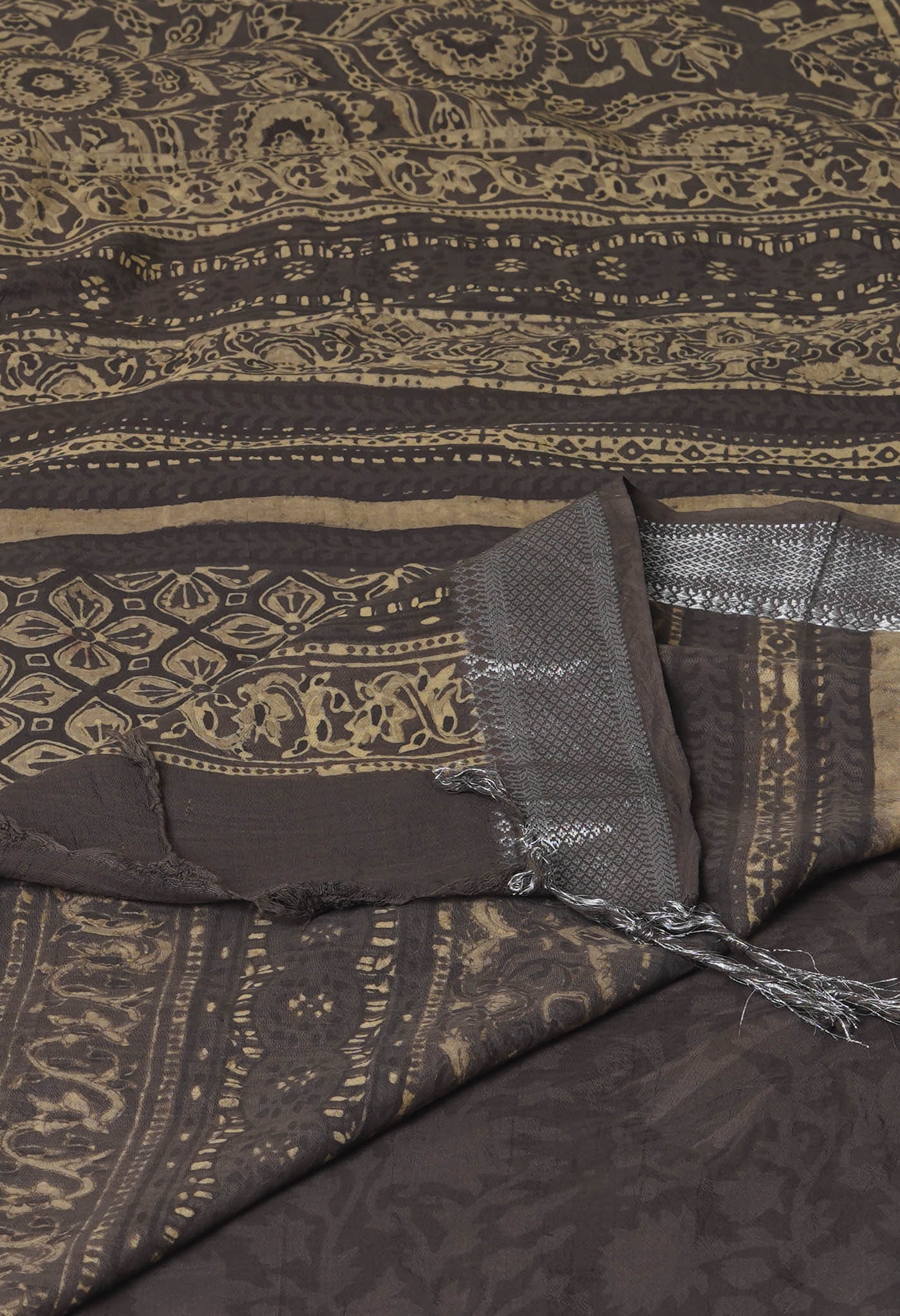Dark Grey Pure  Ajrakh Printed Soft Silk Saree