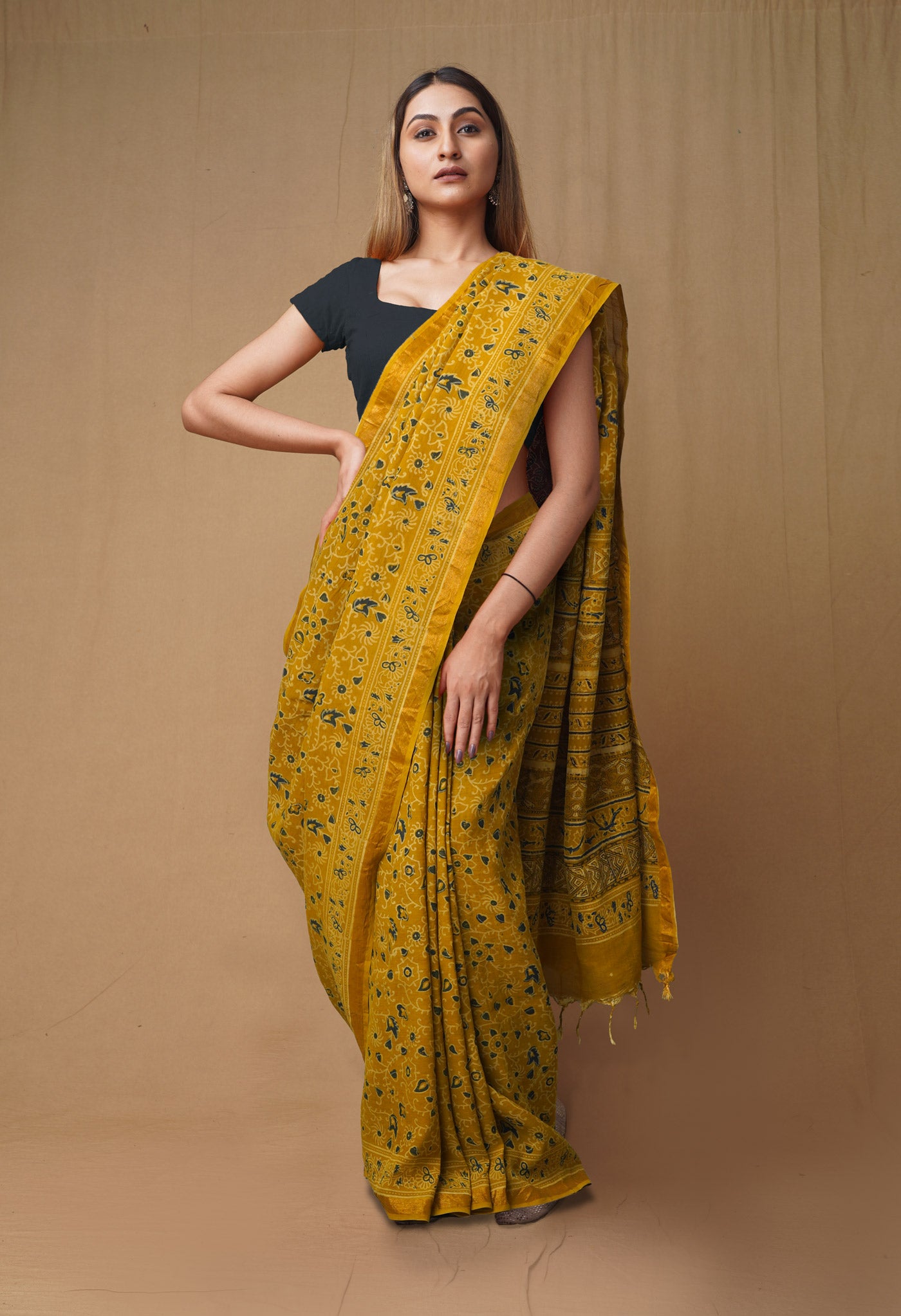 Yellow Pure  Ajrakh Printed Soft Silk Saree