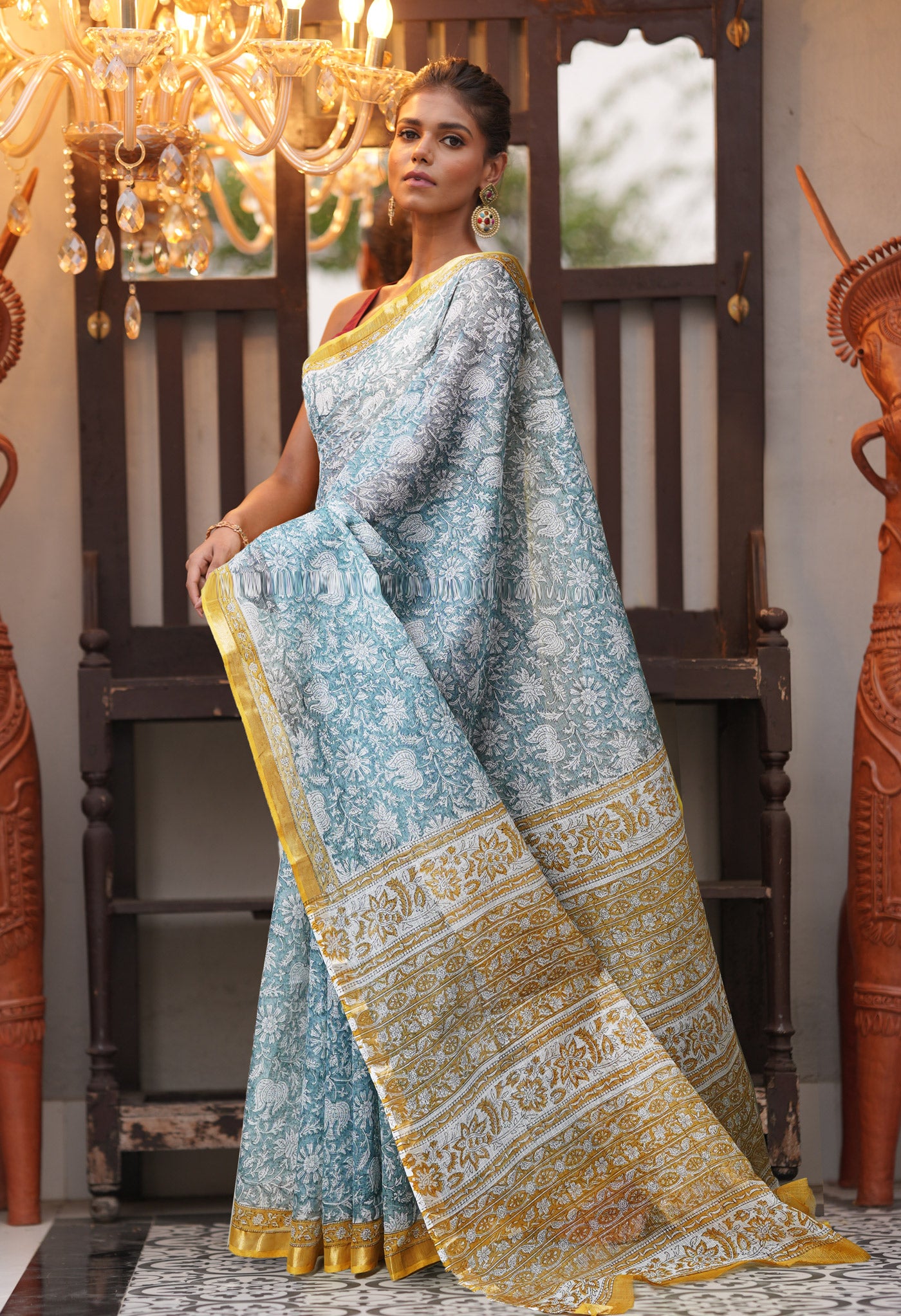 Grey Pure Hand Block Printed Kota Saree