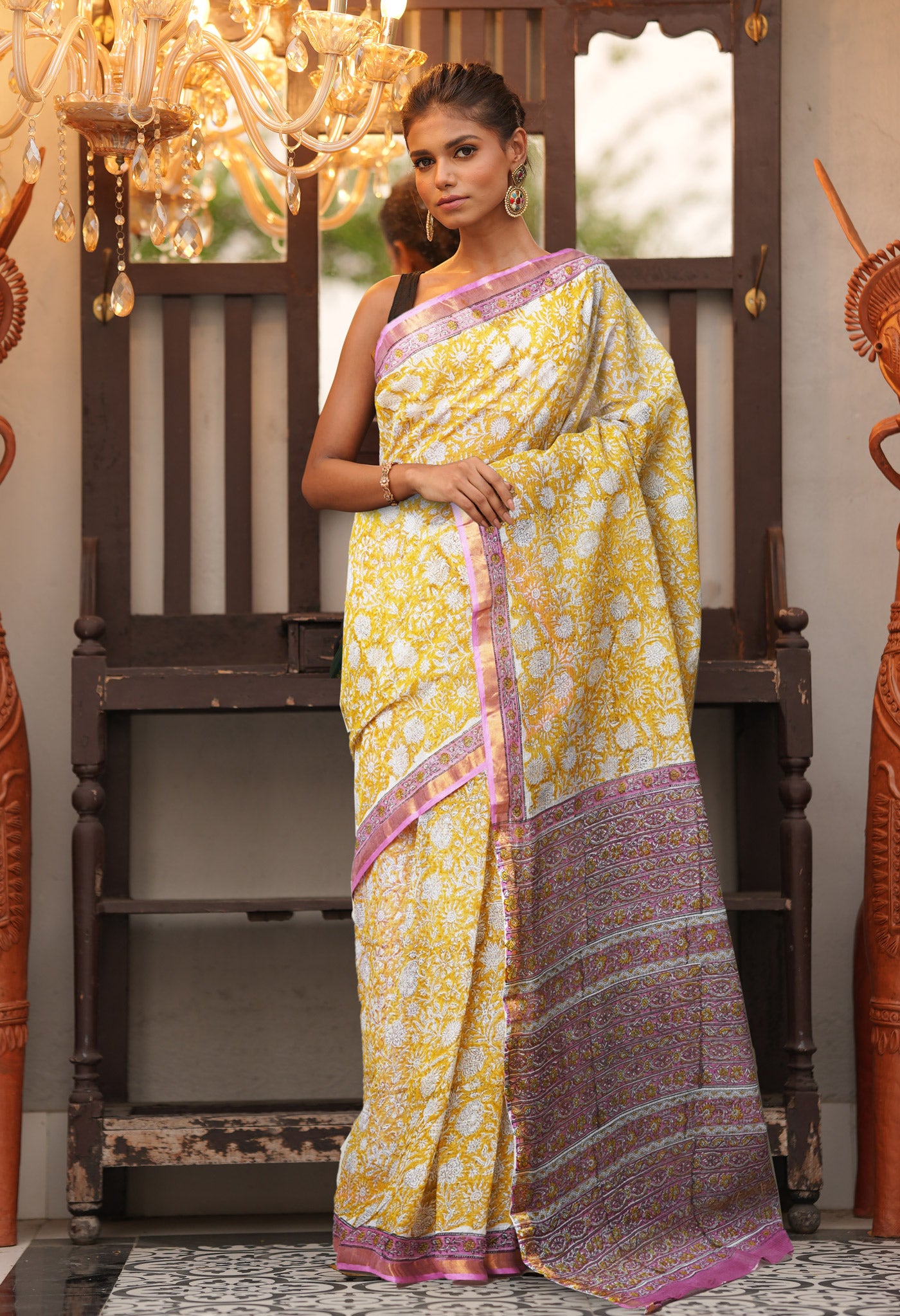 Yellow Pure Hand Block Printed Kota Saree