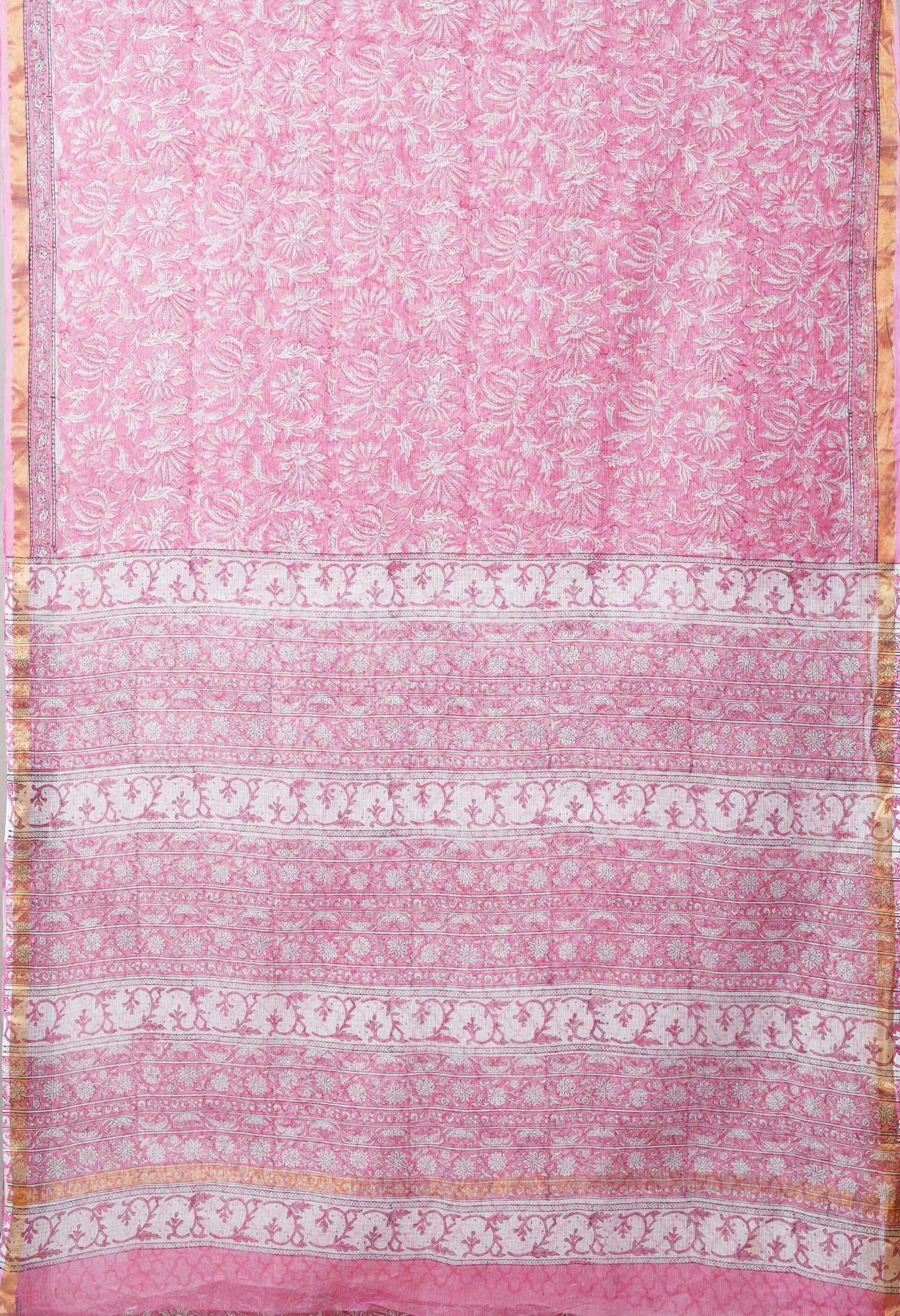 Pink Pure Hand Block Printed Kota Saree