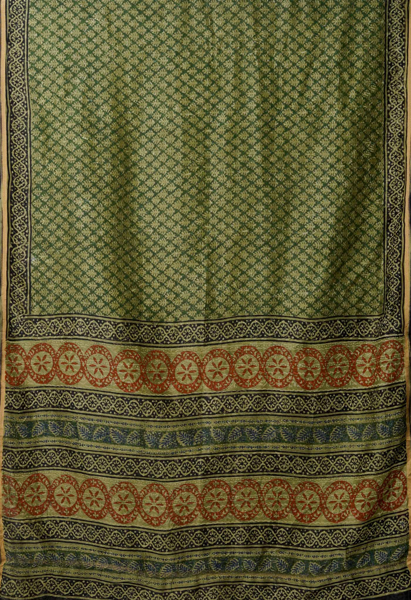 Green Pure Bagru Kalamkari Printed Chanderi Sico Saree