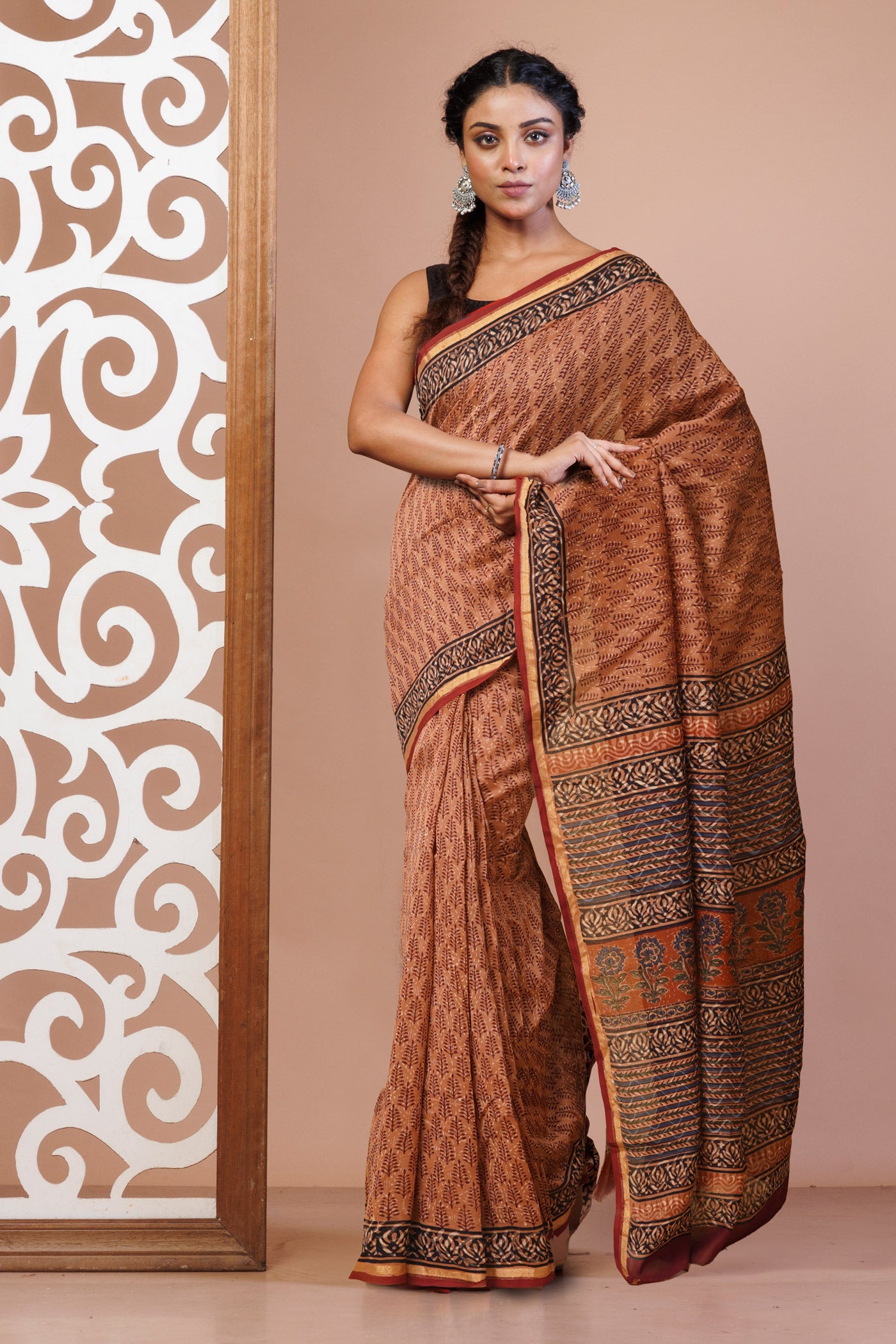 Brown Pure Bagru Kalamkari Printed Chanderi Sico Saree