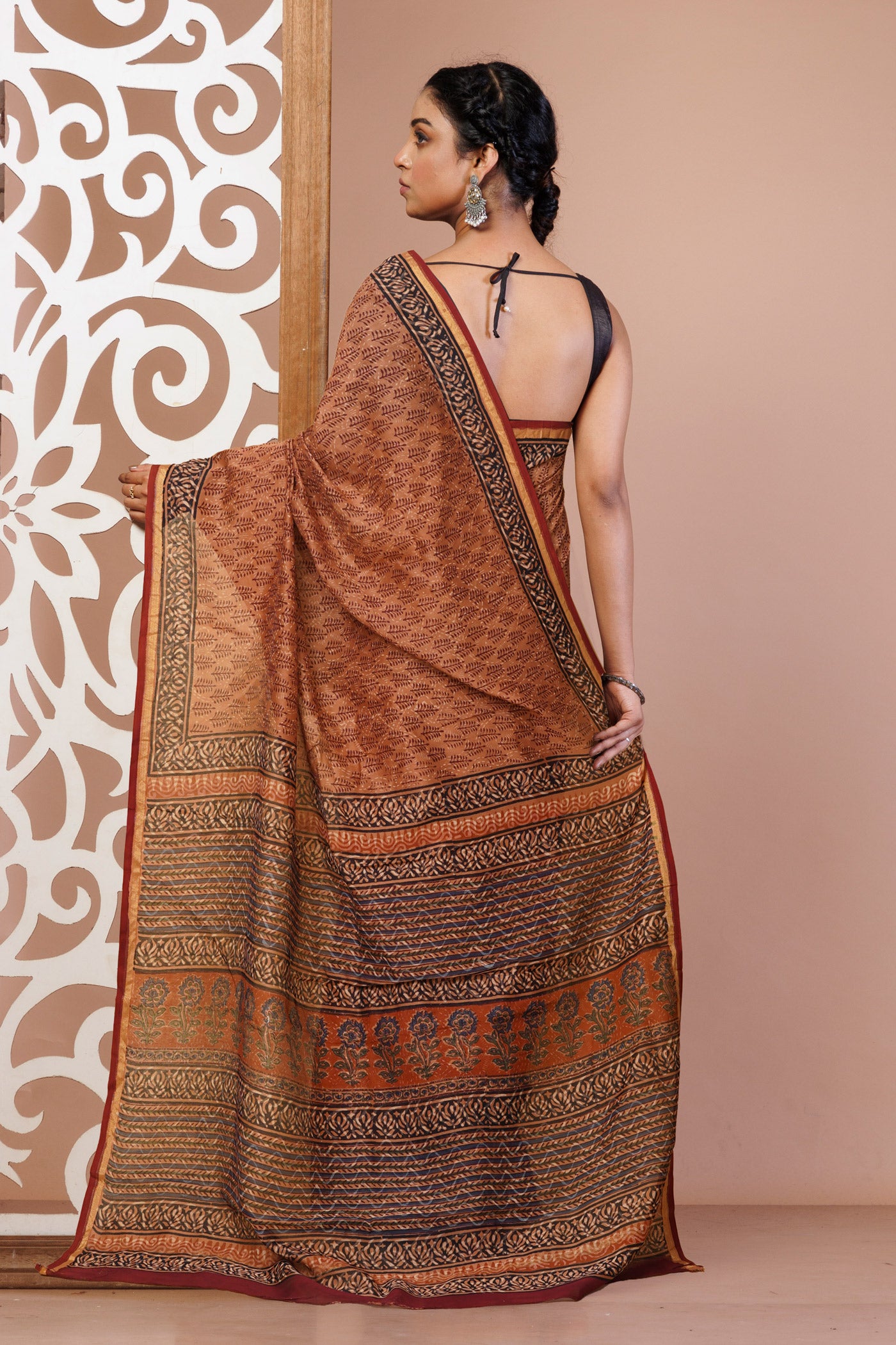 Brown Pure Bagru Kalamkari Printed Chanderi Sico Saree