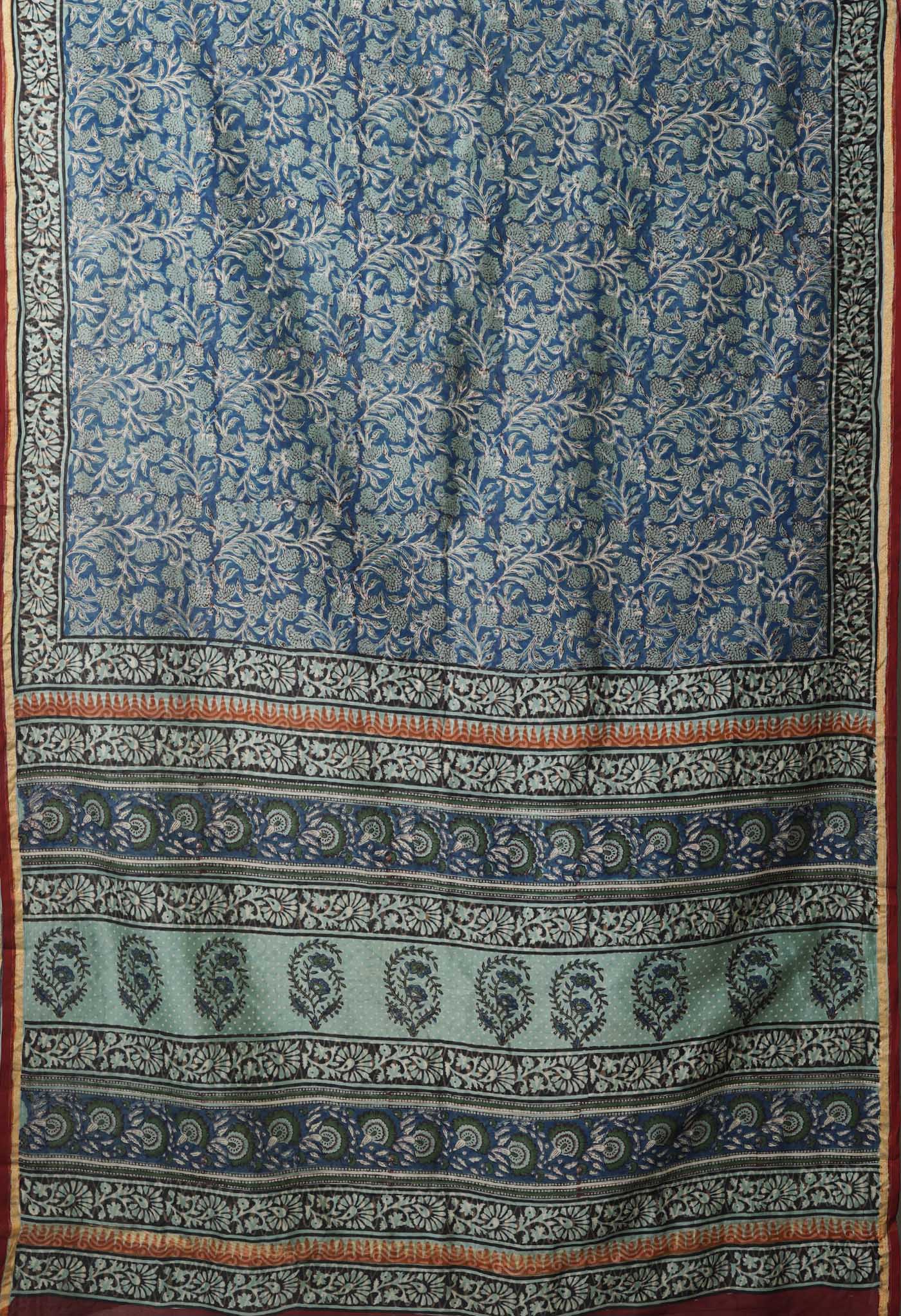 Blue Pure Bagru Kalamkari Printed Chanderi Sico Saree