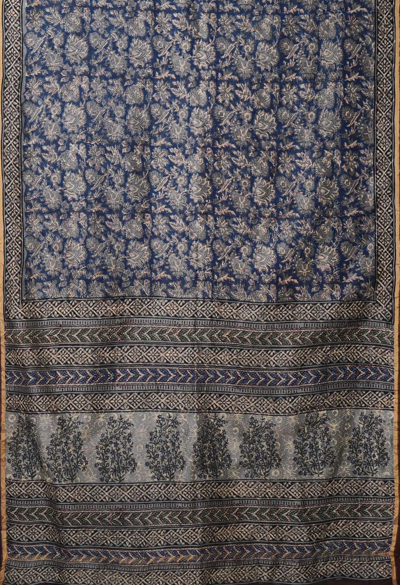 Blue-Grey Pure Bagru Kalamkari Printed Chanderi Sico Saree