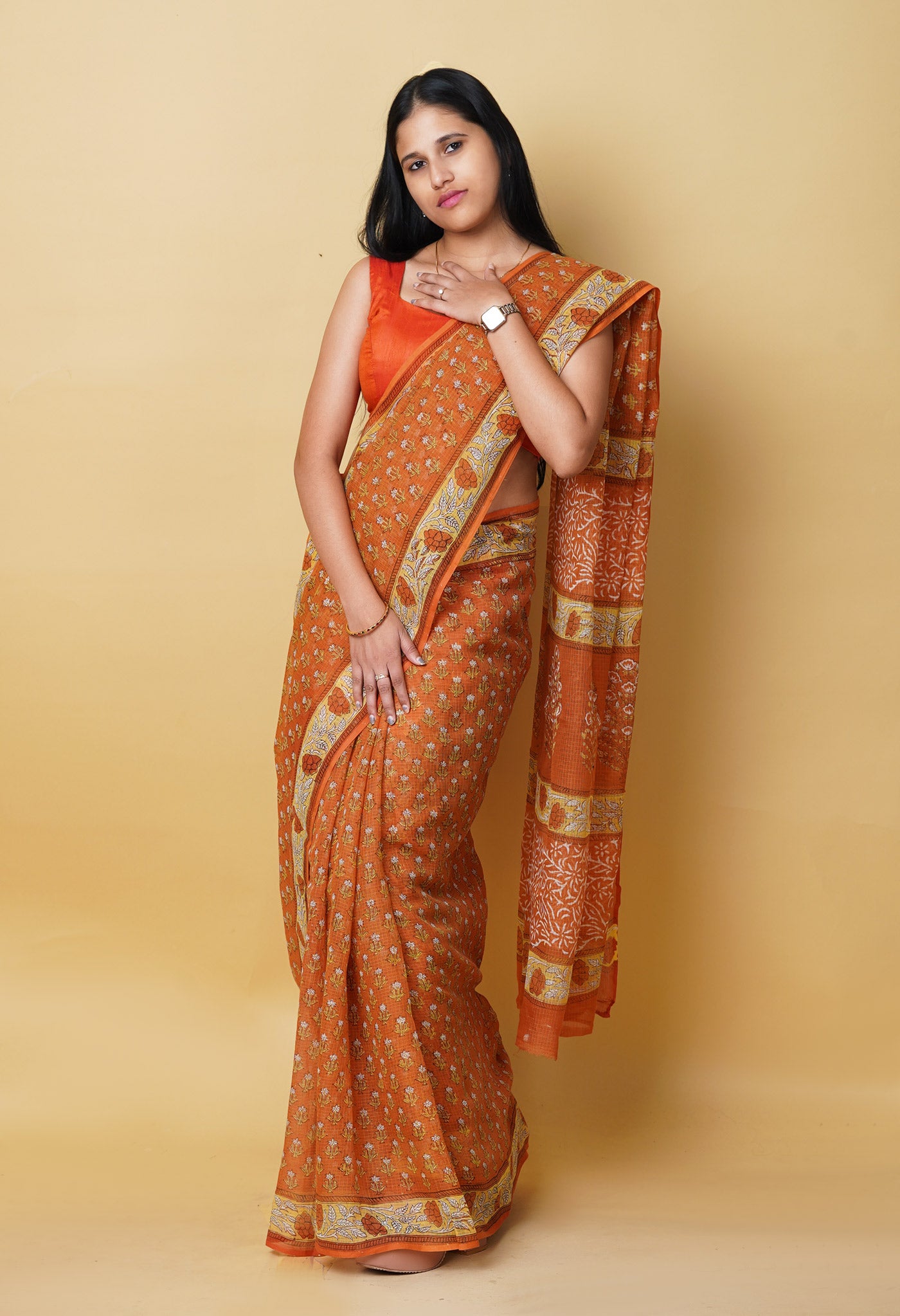 Orange Pure Hand Block Printed Kota Saree