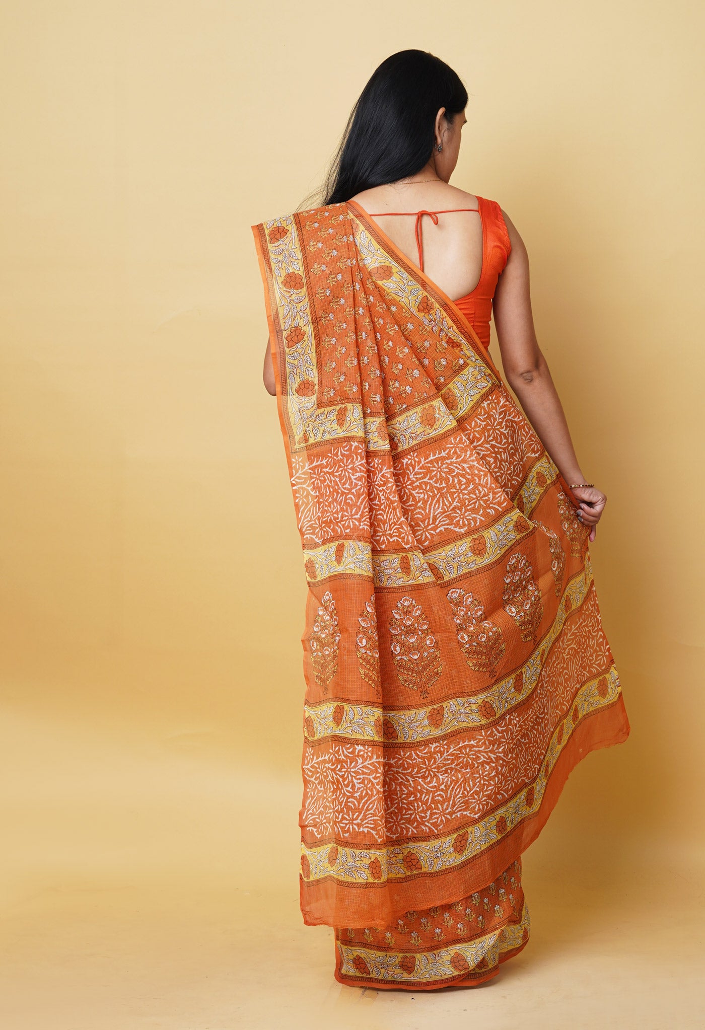 Orange Pure Hand Block Printed Kota Saree