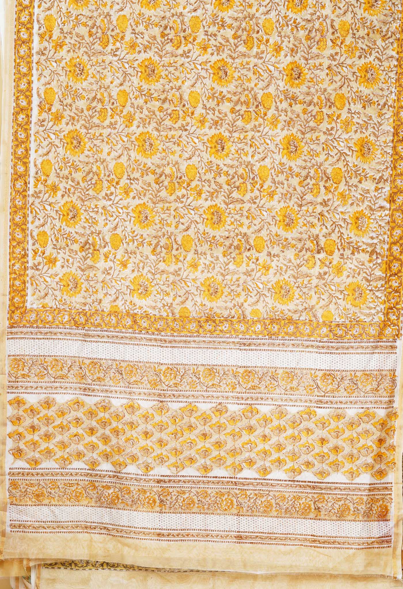 Cream Pure Hand Block Printed Chanderi Sico Saree-UNM77944