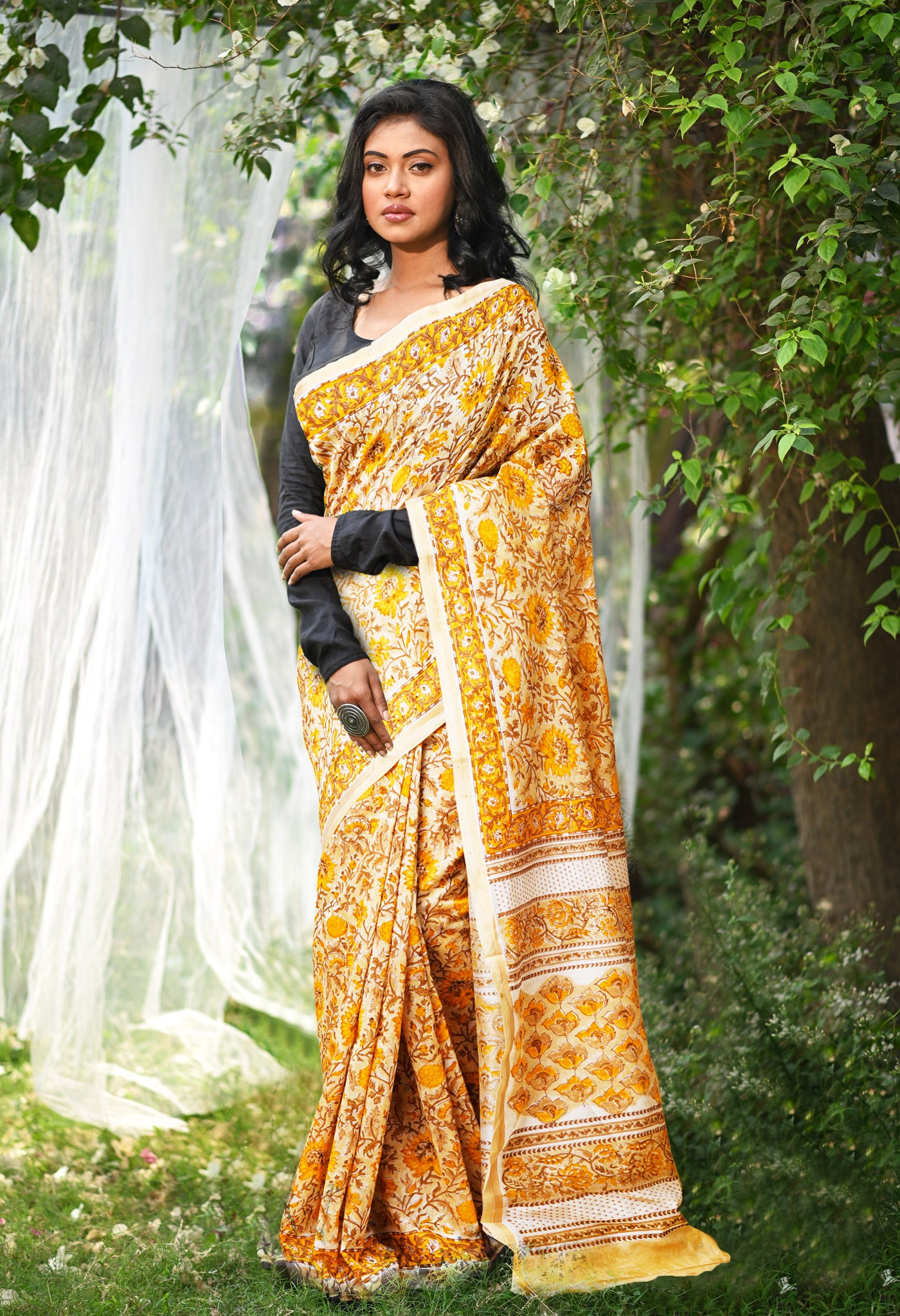 Cream Pure Hand Block Printed Chanderi Sico Saree-UNM77944