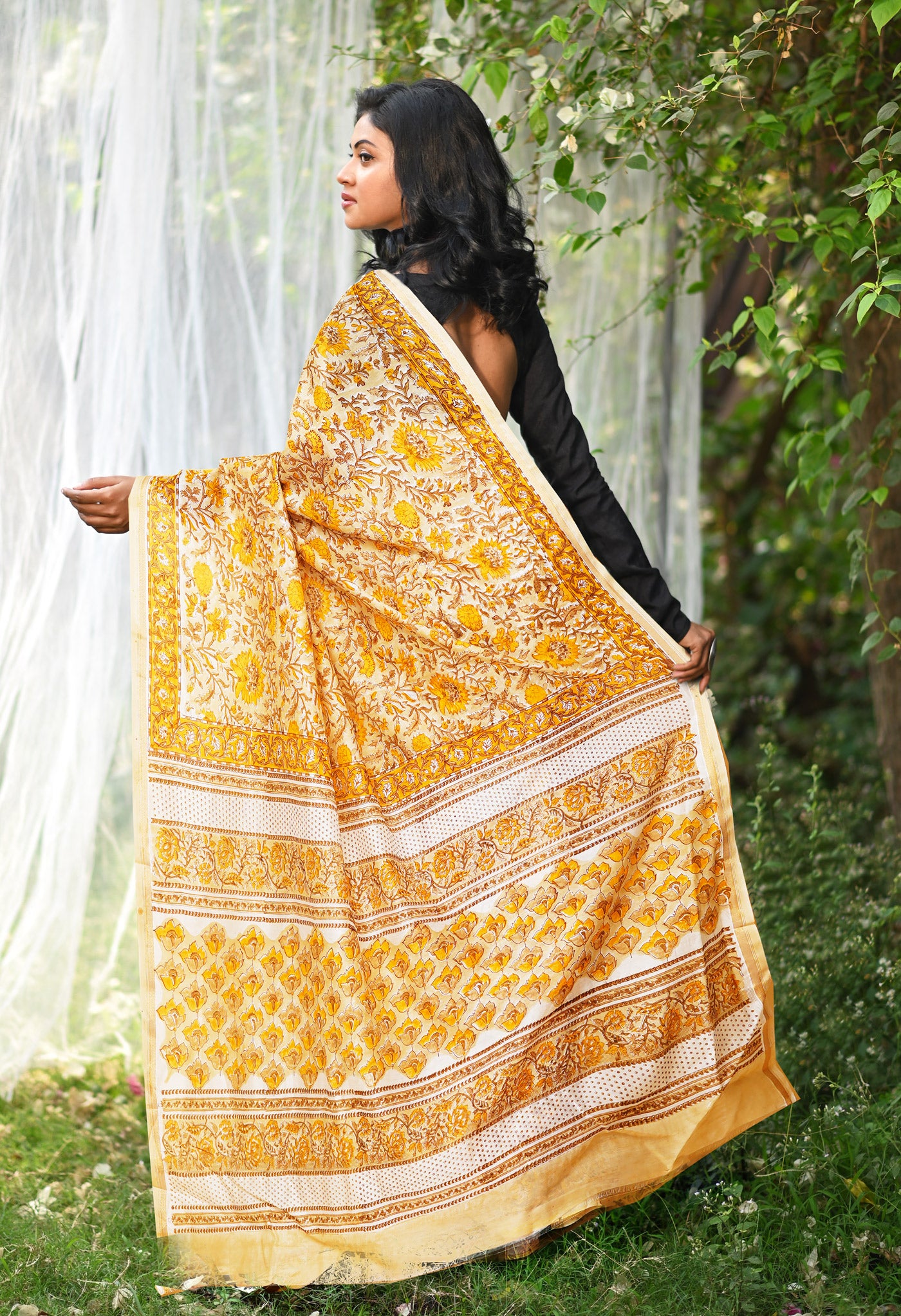 Cream Pure Hand Block Printed Chanderi Sico Saree-UNM77944