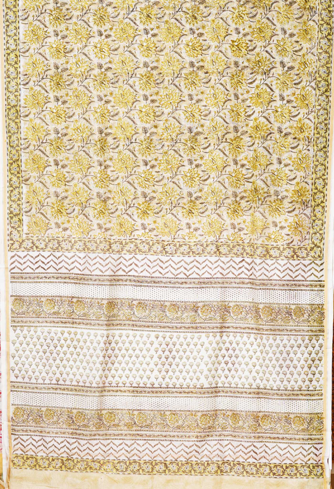 Pastel Brown Pure Hand Block Printed Chanderi Sico Saree-UNM77946