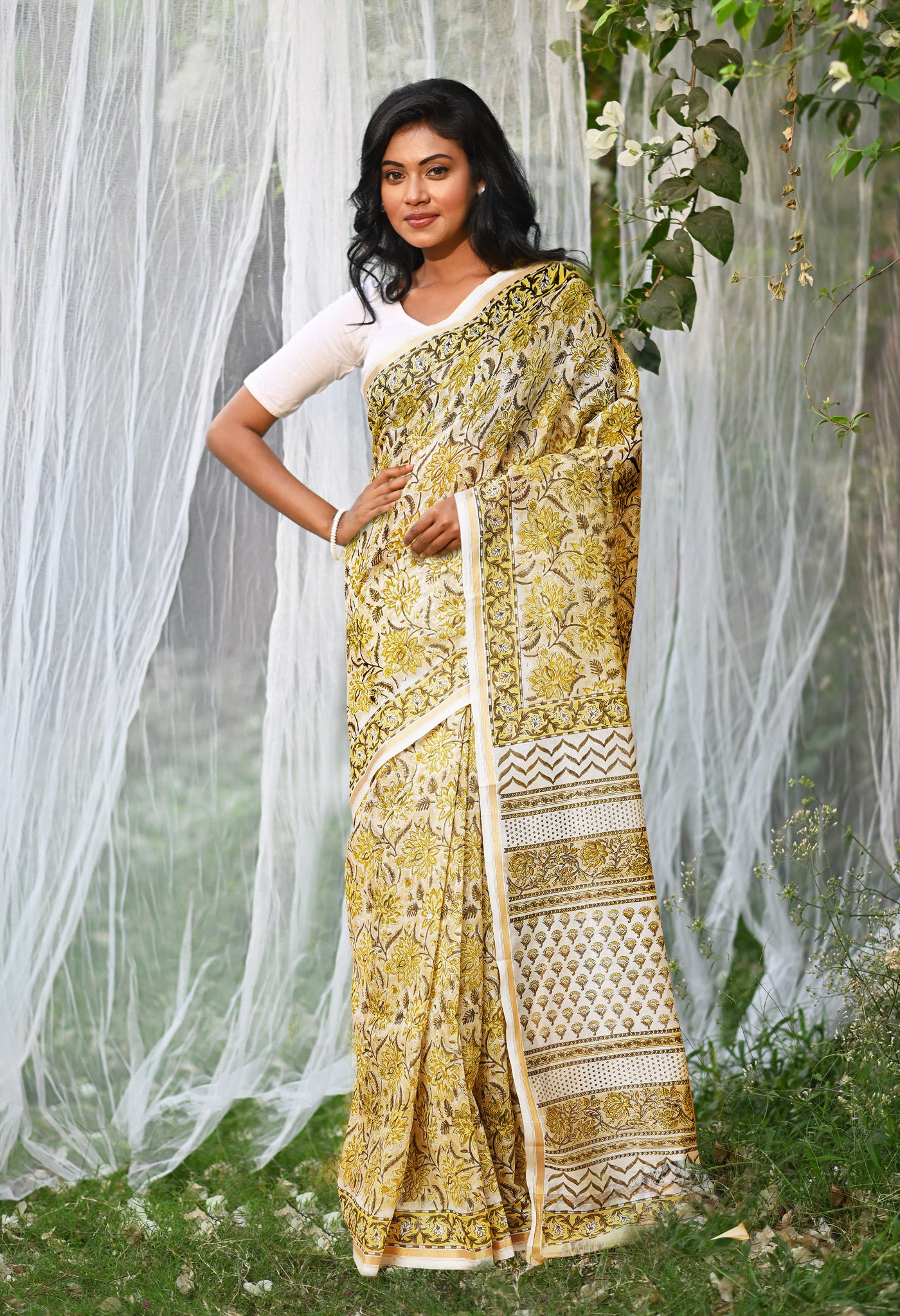 Pastel Brown Pure Hand Block Printed Chanderi Sico Saree-UNM77946
