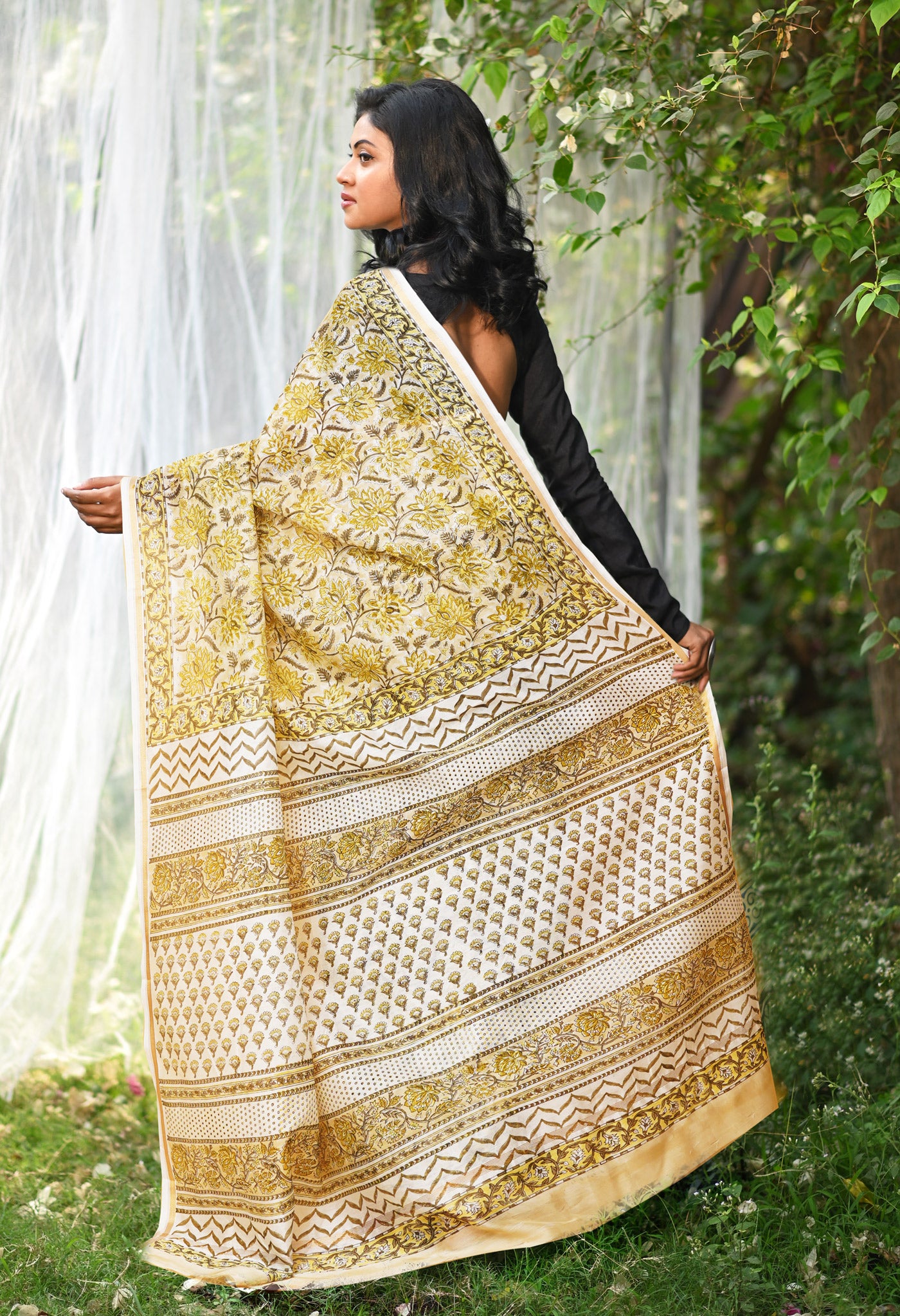 Pastel Brown Pure Hand Block Printed Chanderi Sico Saree-UNM77946