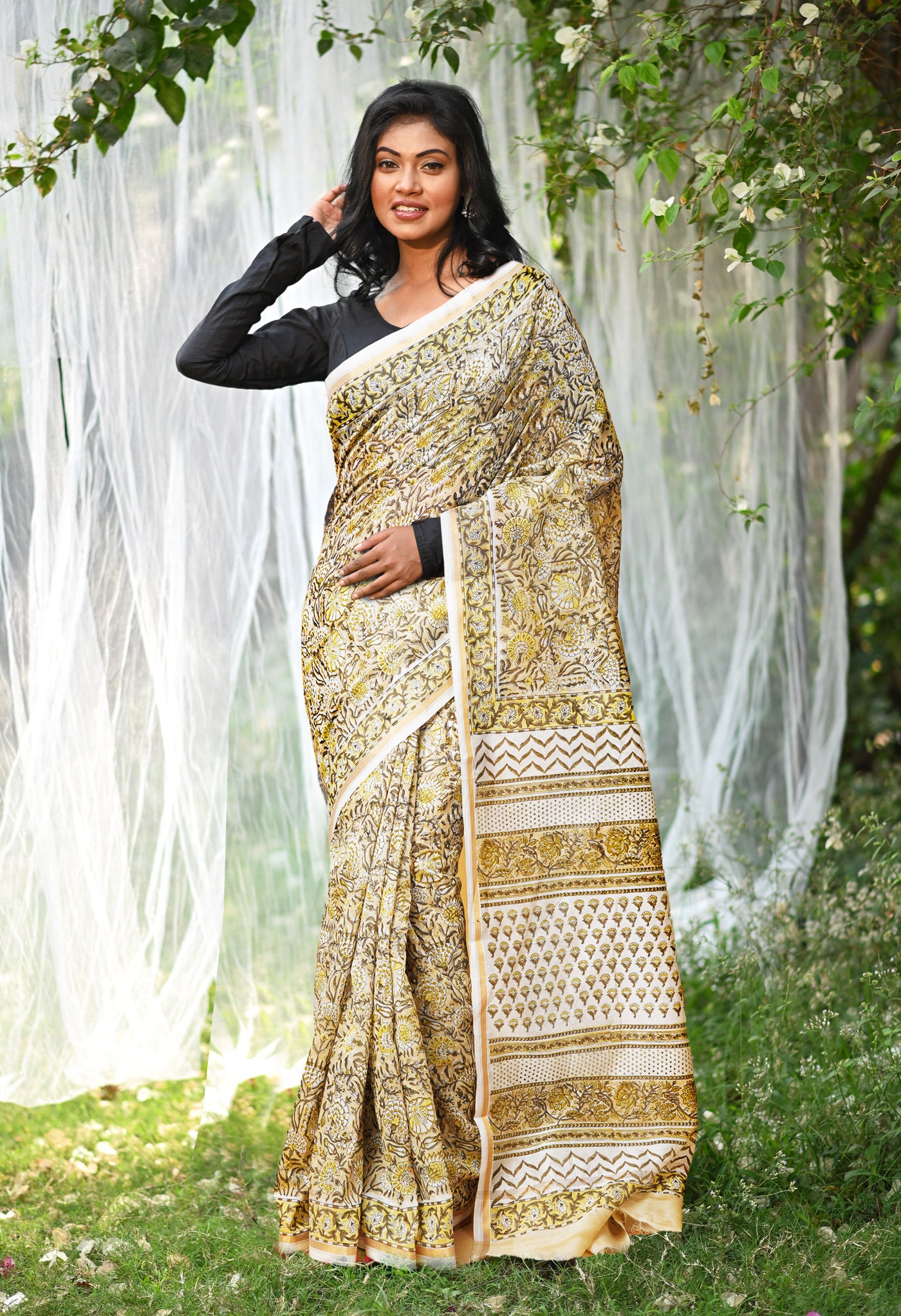 Pastel Brown Pure Hand Block Printed Chanderi Sico Saree-UNM77948