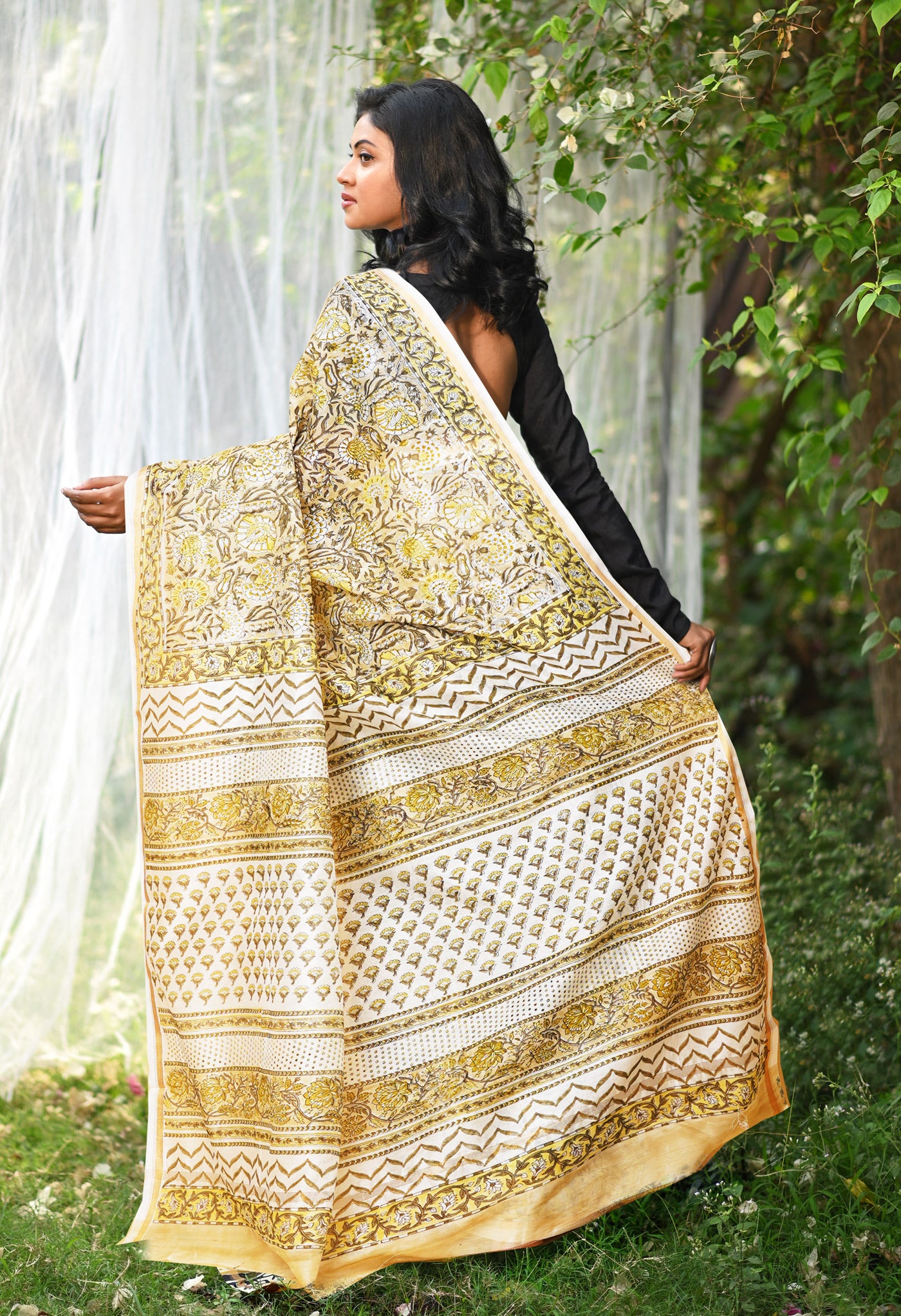 Pastel Brown Pure Hand Block Printed Chanderi Sico Saree-UNM77948