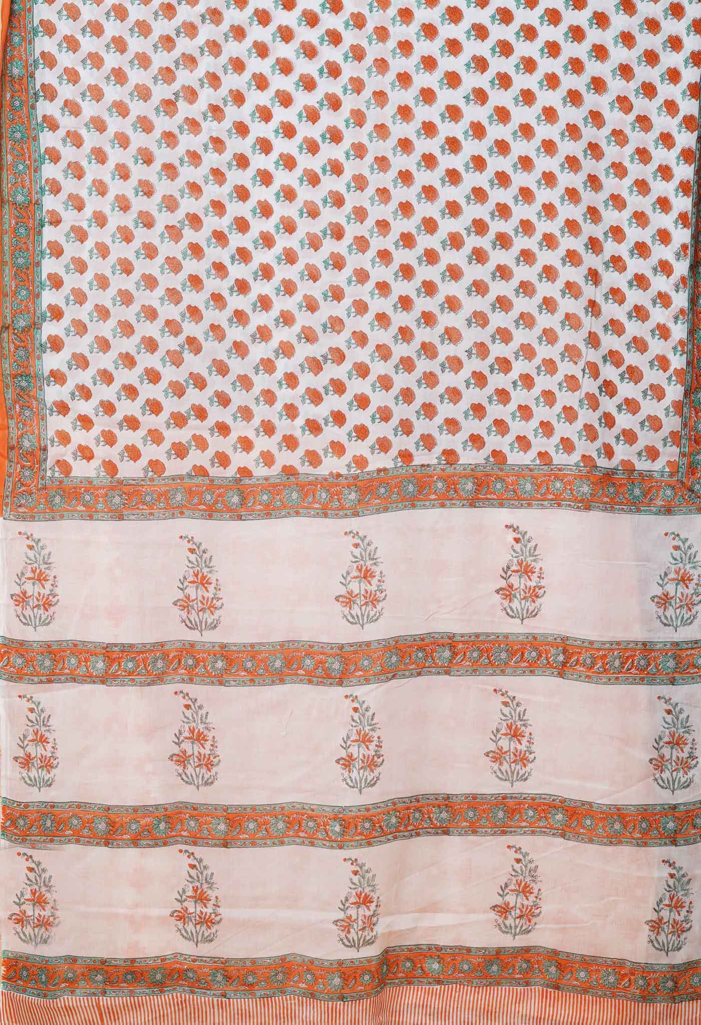 White-Orange Pure Block Printed Mulmul Cotton Saree