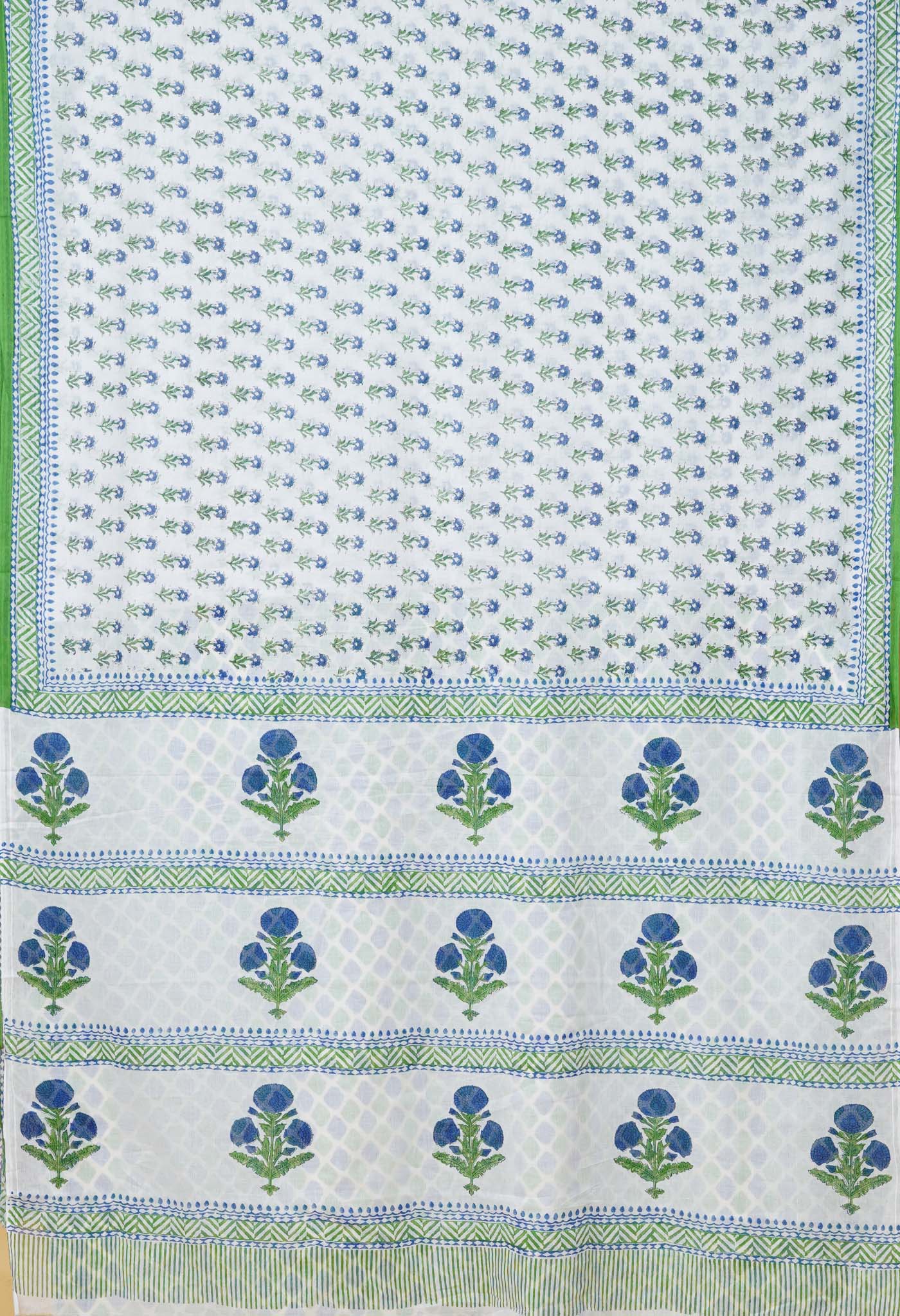 White-Green Pure Block Printed Mulmul Cotton Saree