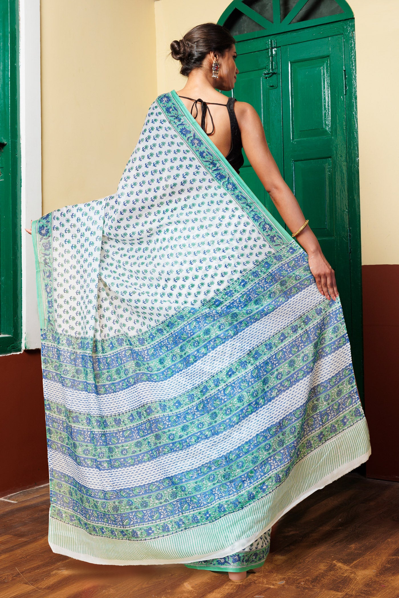 White-Green Pure Block Printed Mulmul Cotton Saree-UNM77963