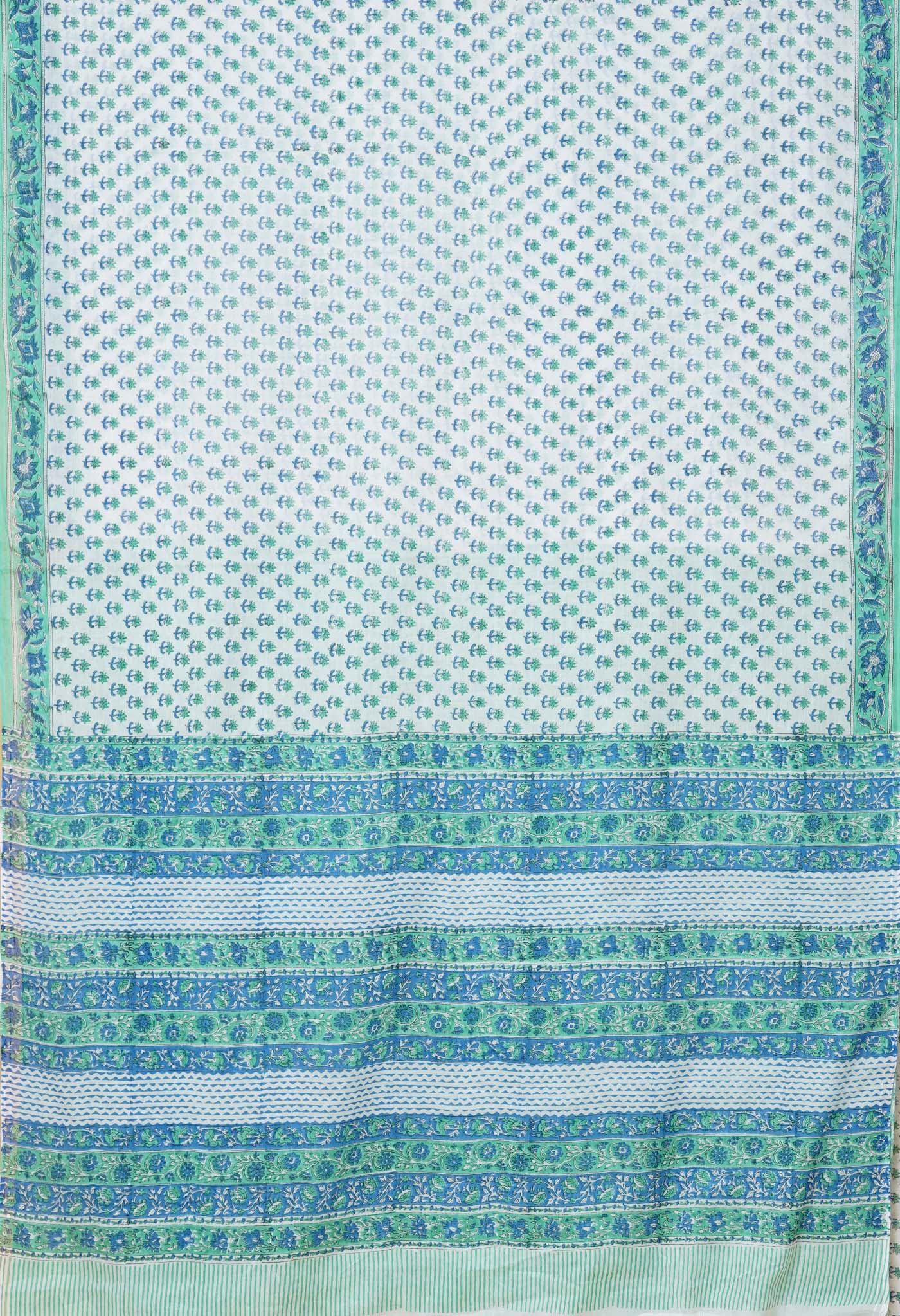 White-Green Pure Block Printed Mulmul Cotton Saree