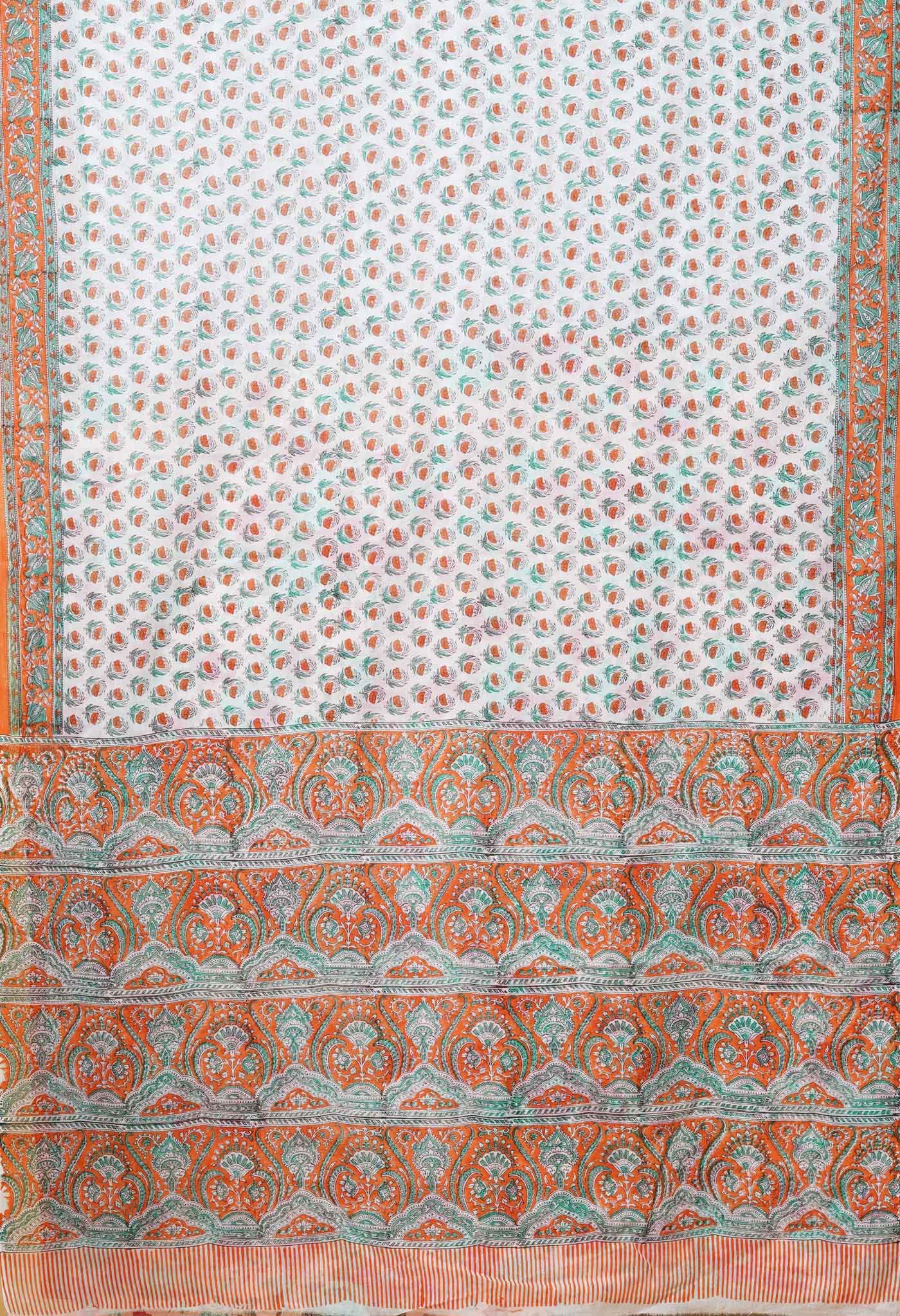 White-Orange Pure Block Printed Mulmul Cotton Saree