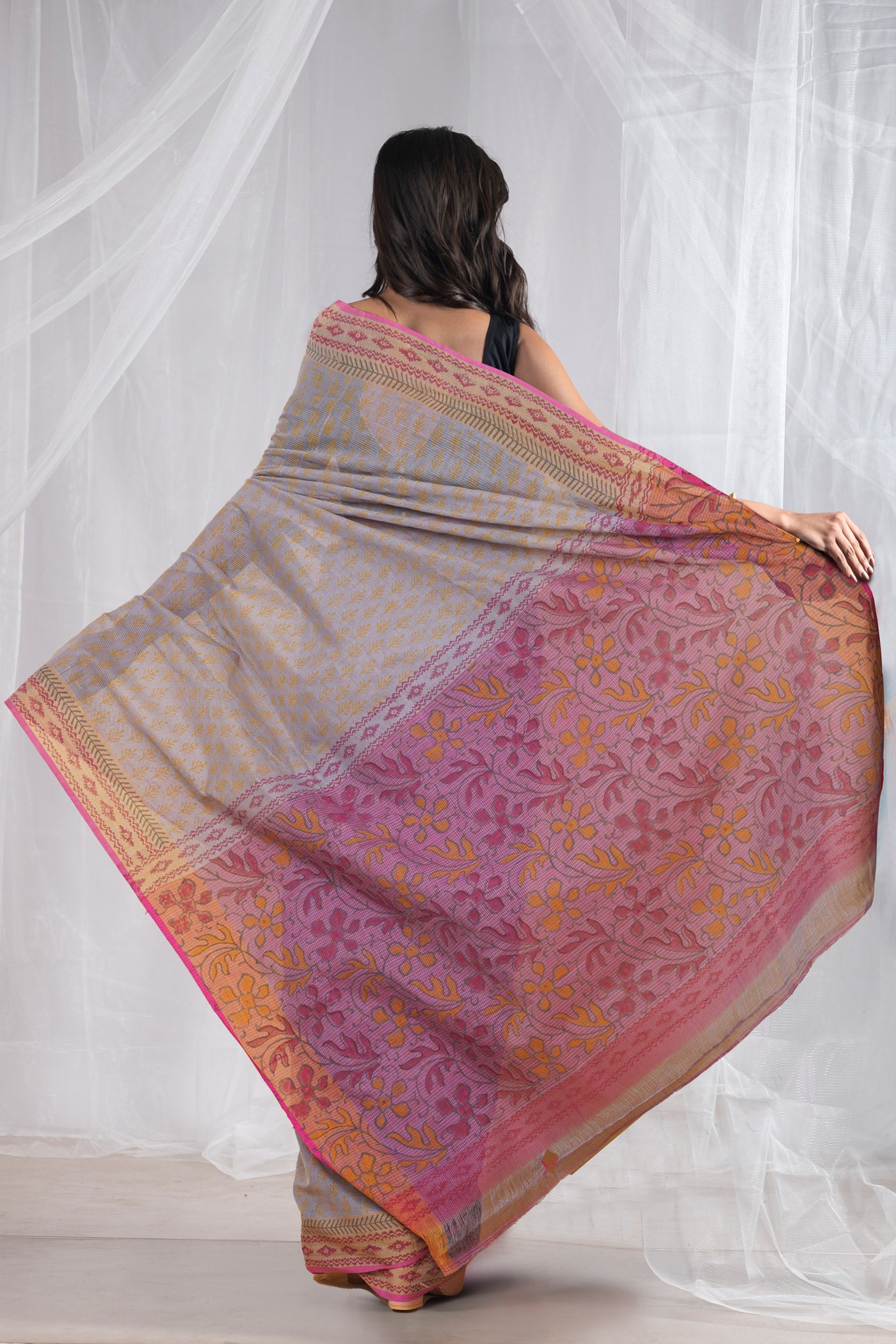 Grey Pure Hand Block Printed Mangalgiri Cotton Saree