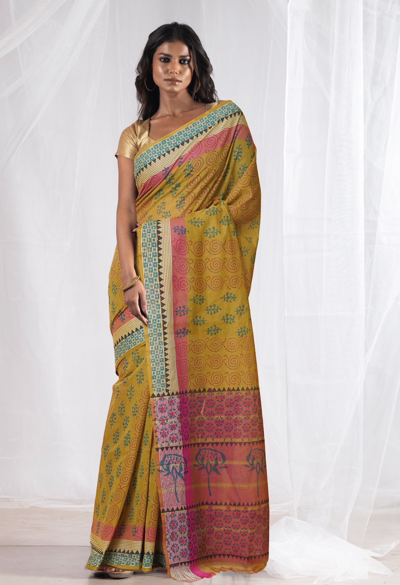 Mehind Green Pure Hand Block Printed Mangalgiri Cotton Saree-UNM77972