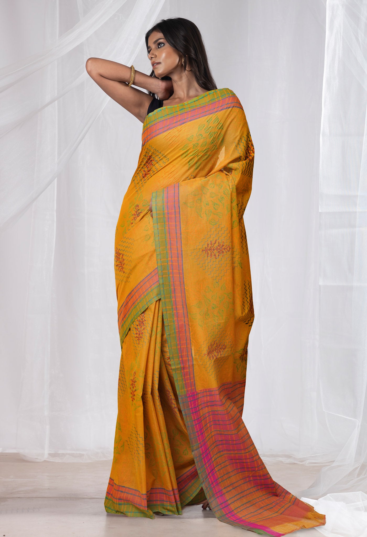 Mustard Yellow Pure Hand Block Printed Mangalgiri Cotton Saree