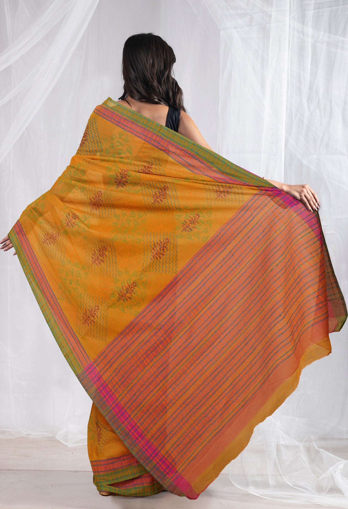 Mustard Yellow Pure Hand Block Printed Mangalgiri Cotton Saree