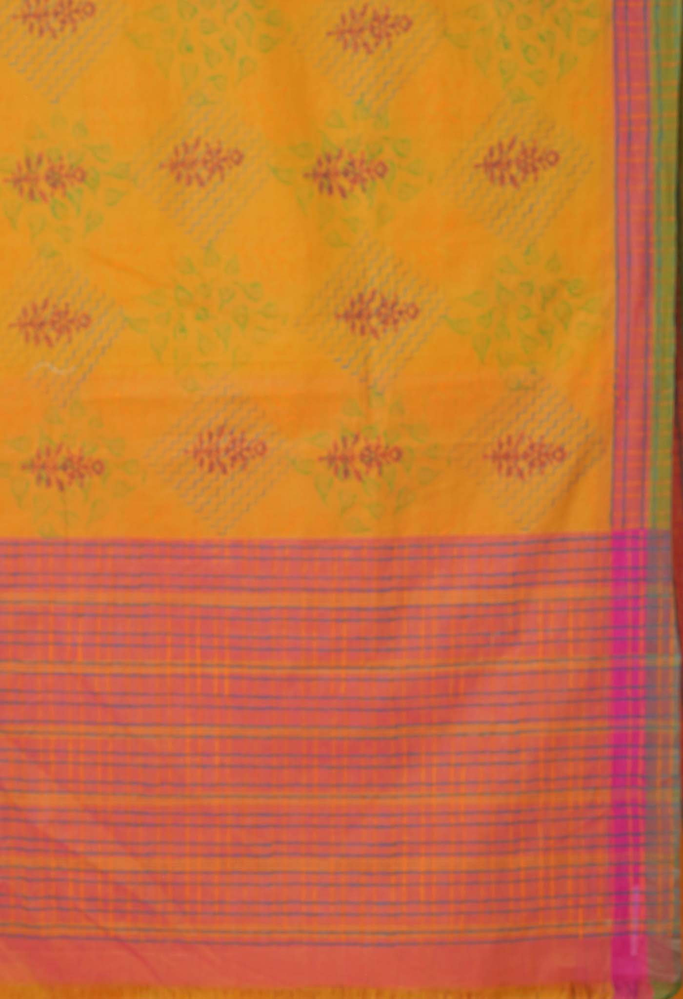 Mustard Yellow Pure Hand Block Printed Mangalgiri Cotton Saree