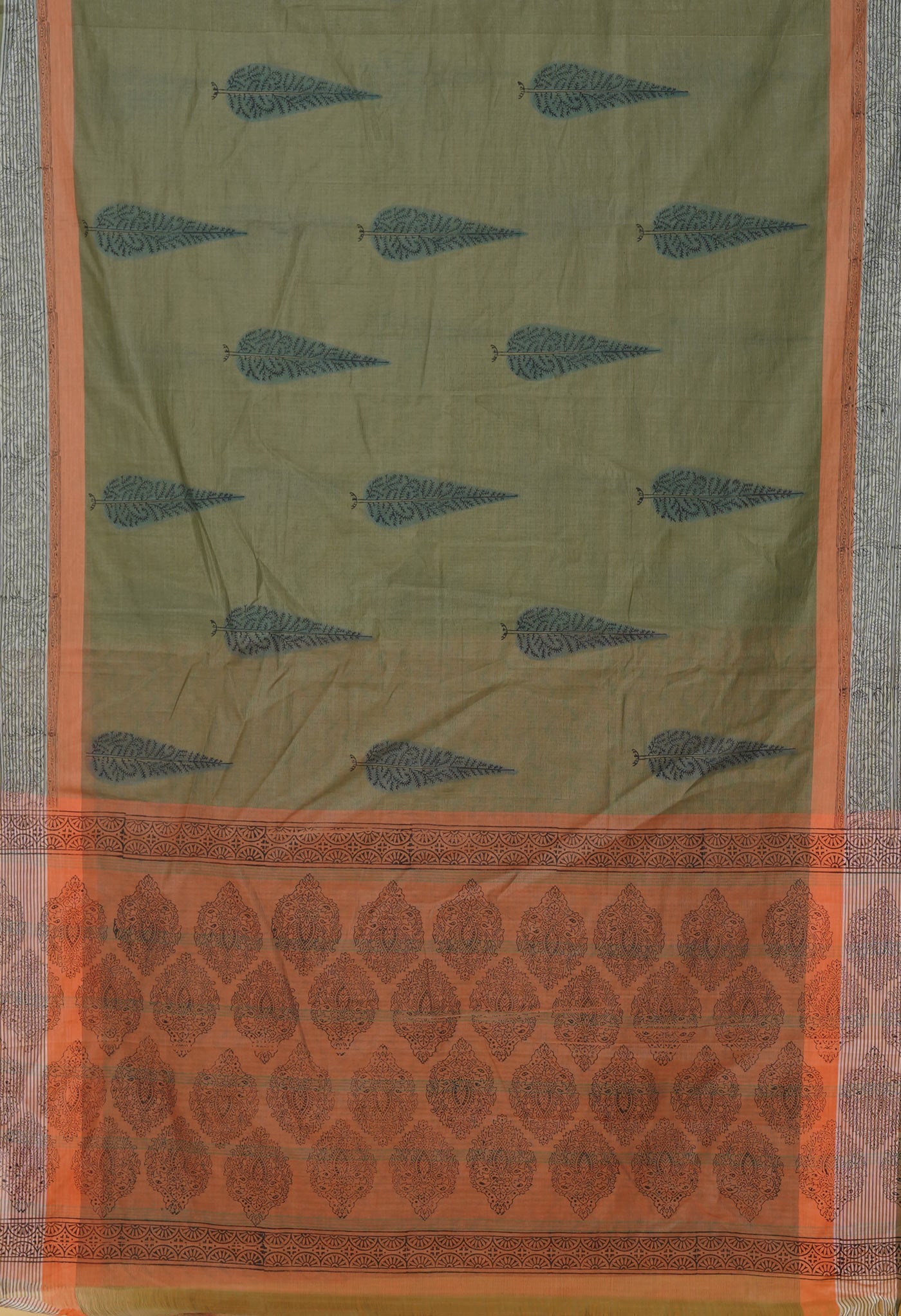 Green Pure Hand Block Printed Mangalgiri Cotton Saree