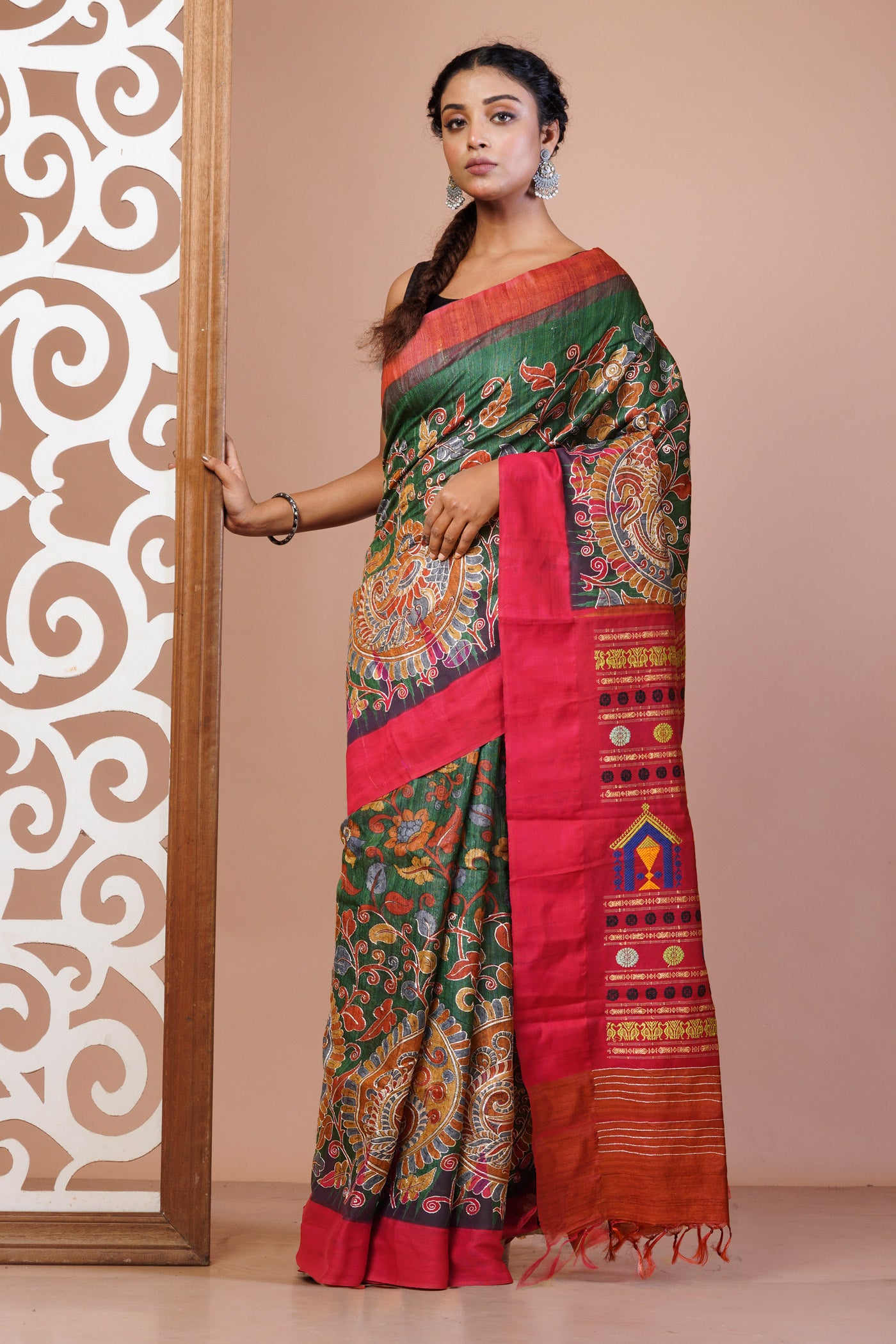 Green Pure Handloom Block Printed With Embroidery Work Vidarbha Tussar Silk Saree