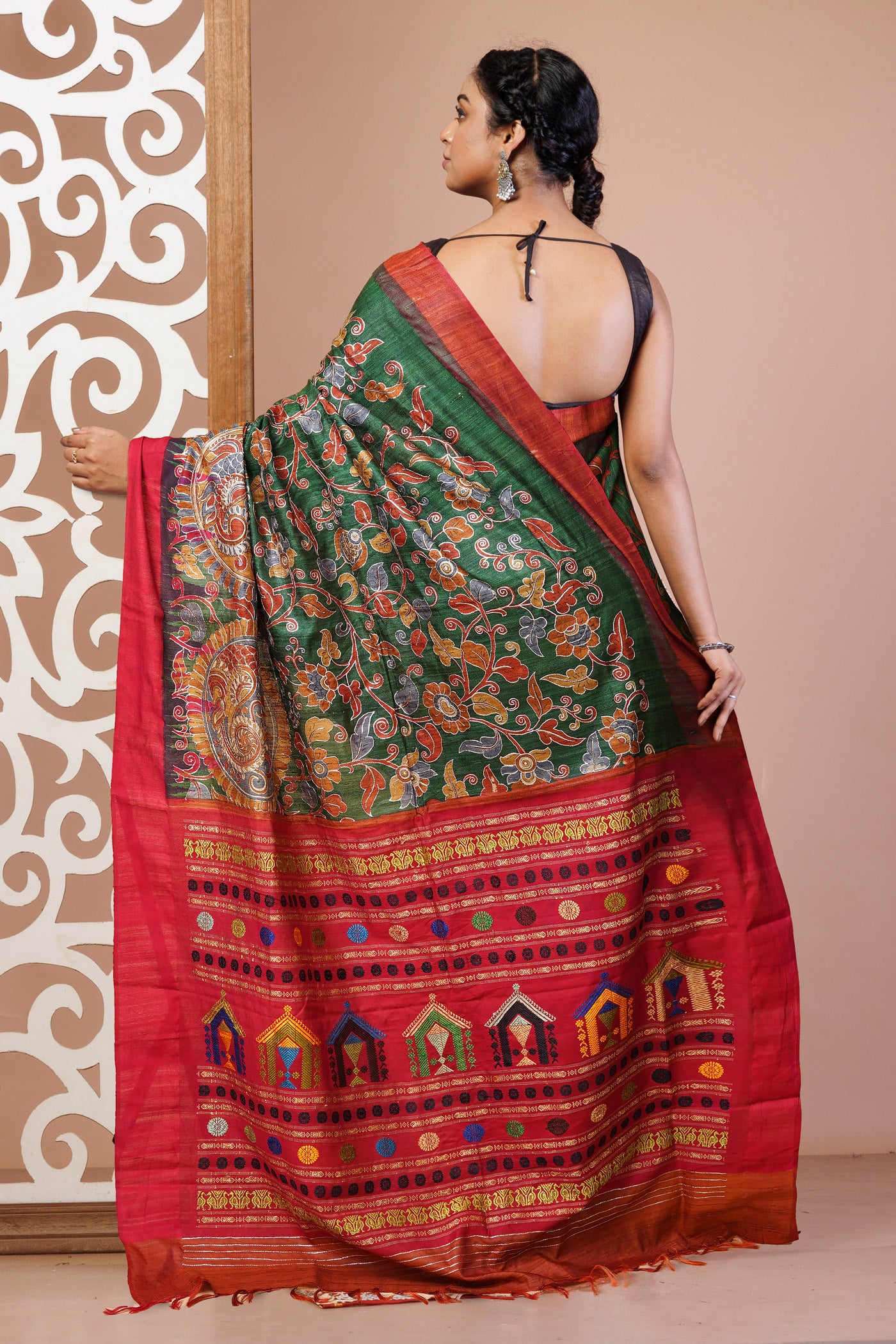 Green Pure Handloom Block Printed With Embroidery Work Vidarbha Tussar Silk Saree