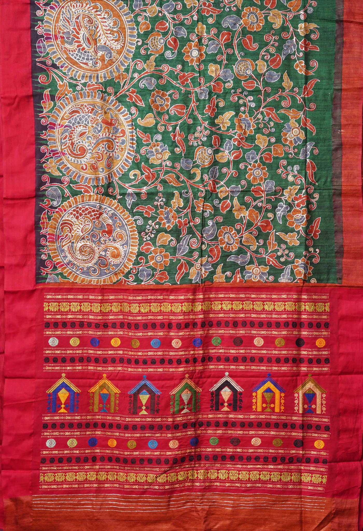 Green Pure Handloom Block Printed With Embroidery Work Vidarbha Tussar Silk Saree